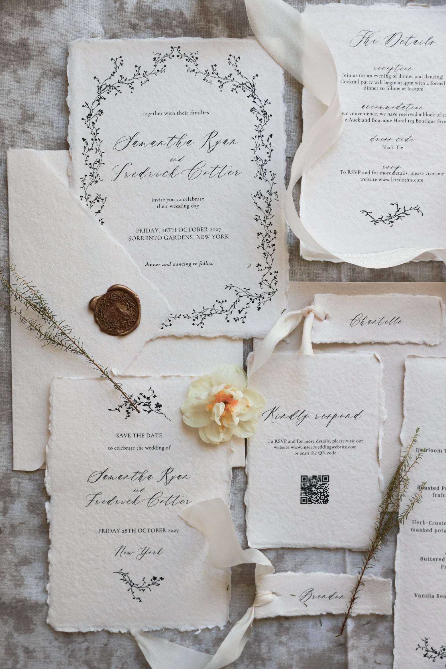 'Samantha' Handmade Paper Wedding Stationery Invitation