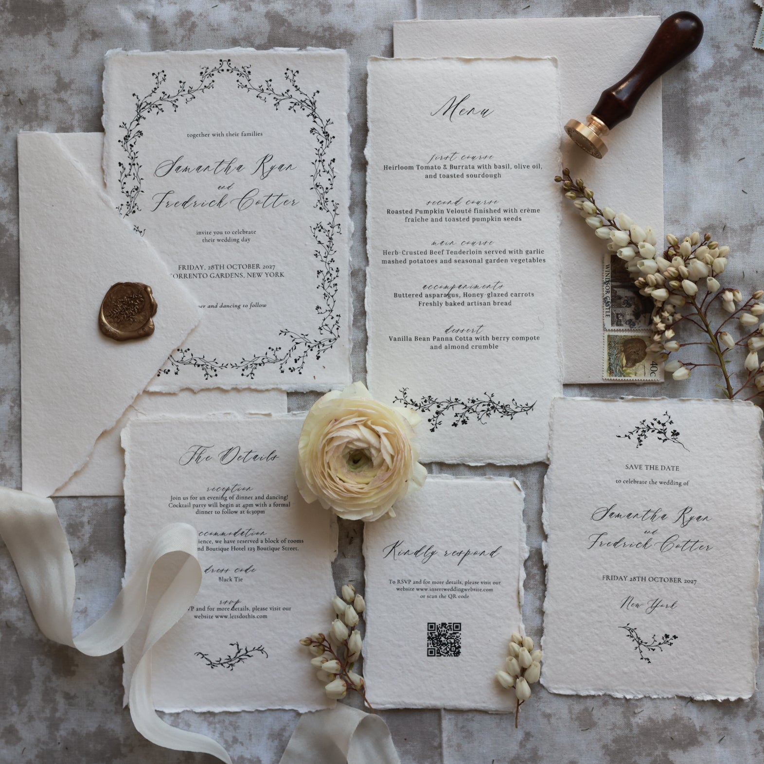 'Samantha' Handmade Paper Wedding Stationery Invitation