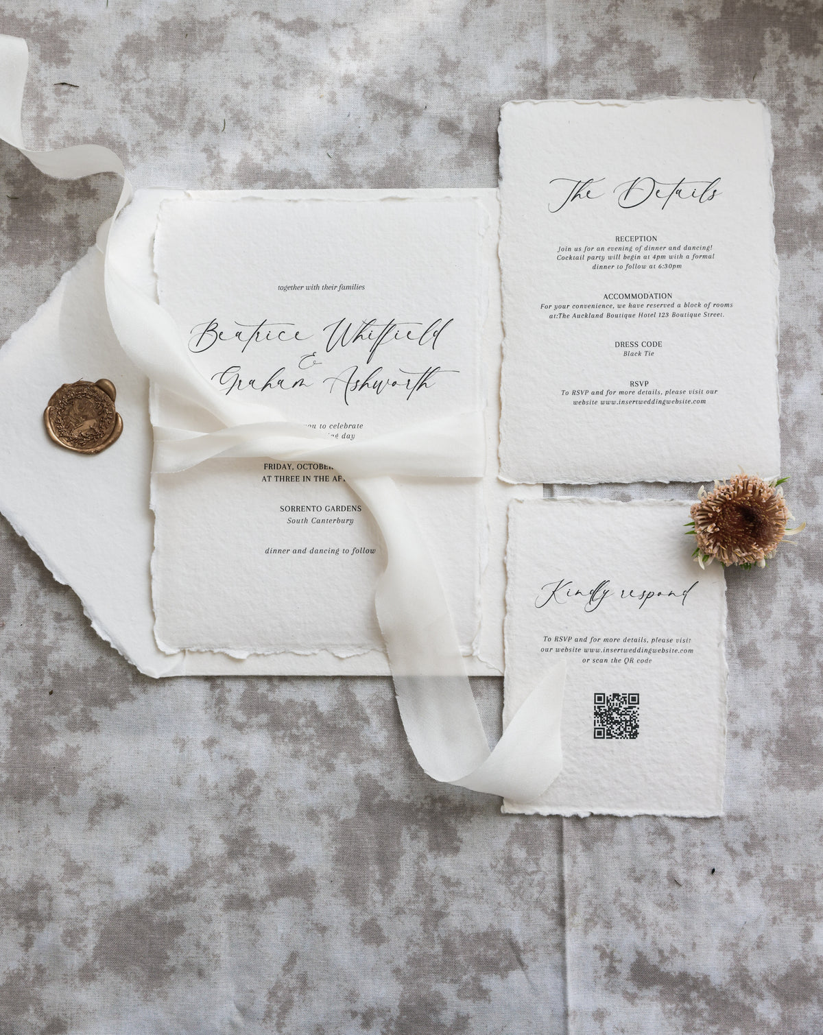 'Beatrice' Calligraphy Style Handmade Paper Wedding Invitation