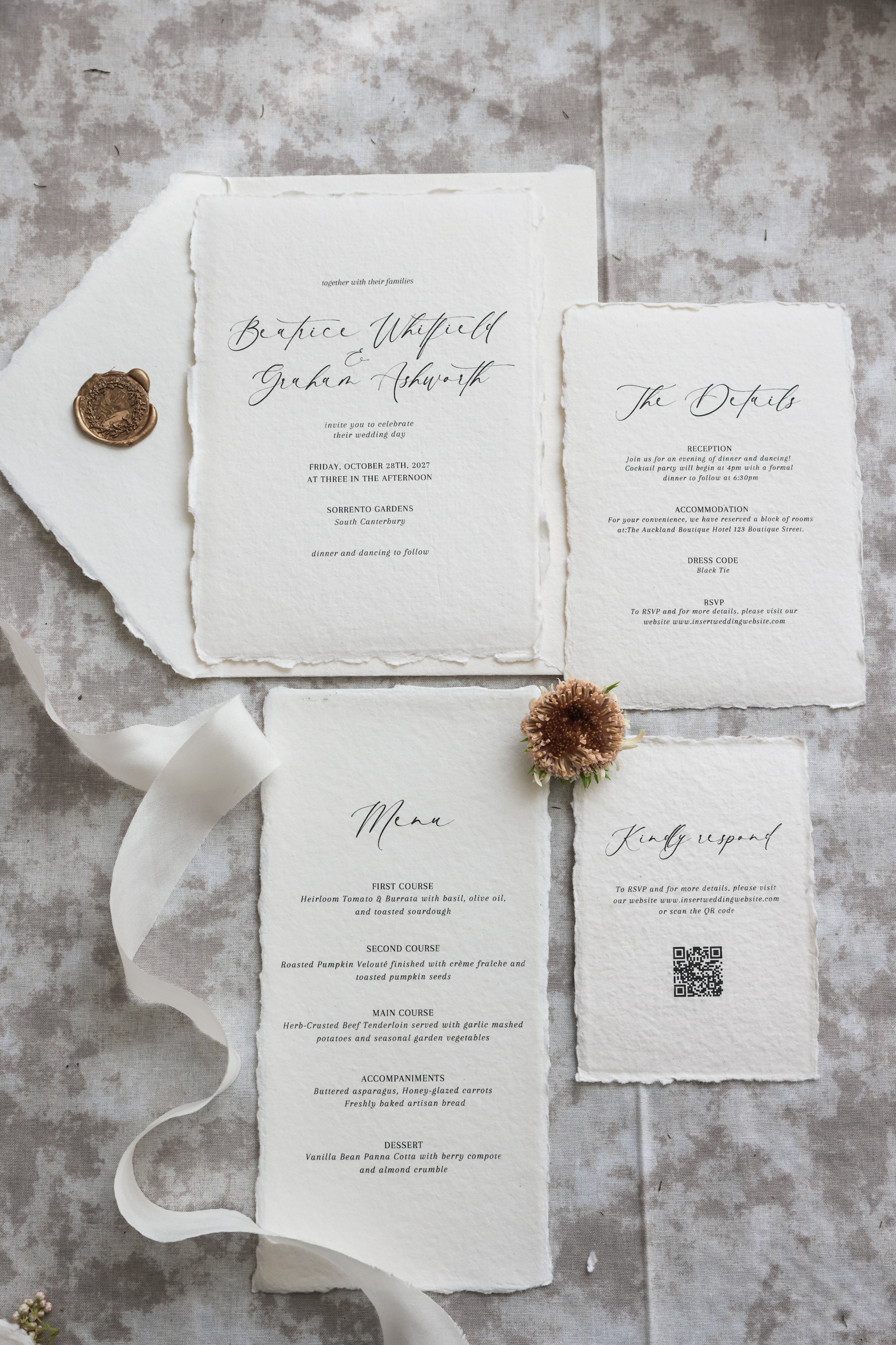 'Beatrice' Calligraphy Style Handmade Paper Wedding Invitation