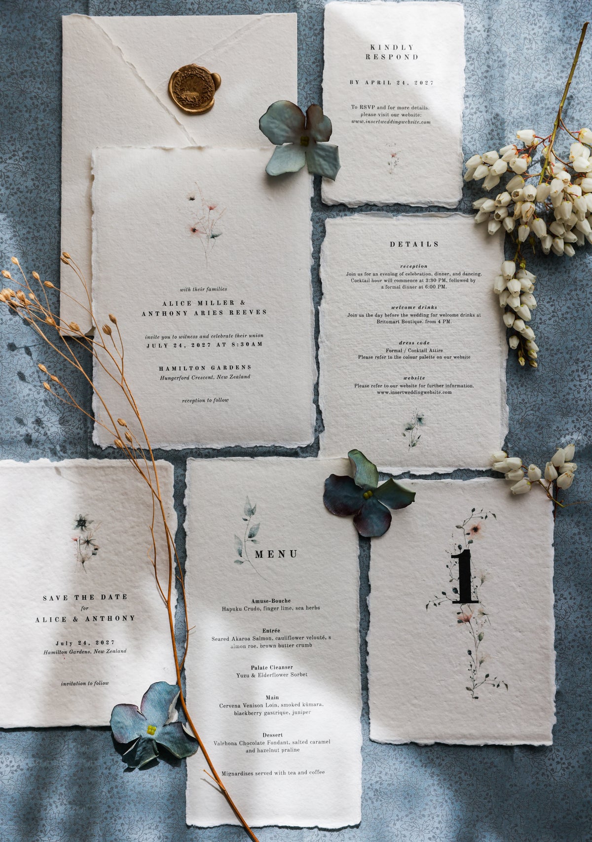 'Alice' Botanical Handmade Paper Wedding Stationery Invitation