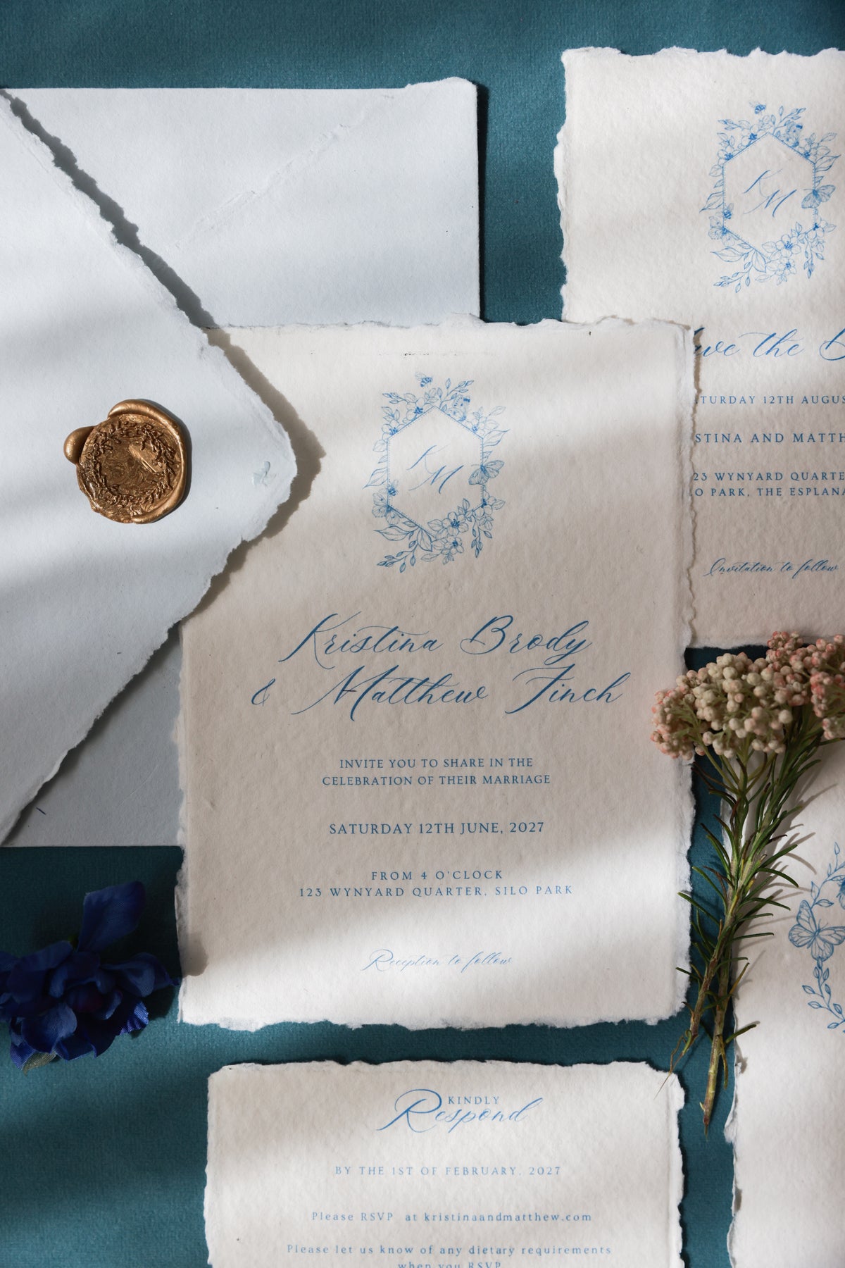 'Kristina' Blue Calligraphy Style Wedding Invitation