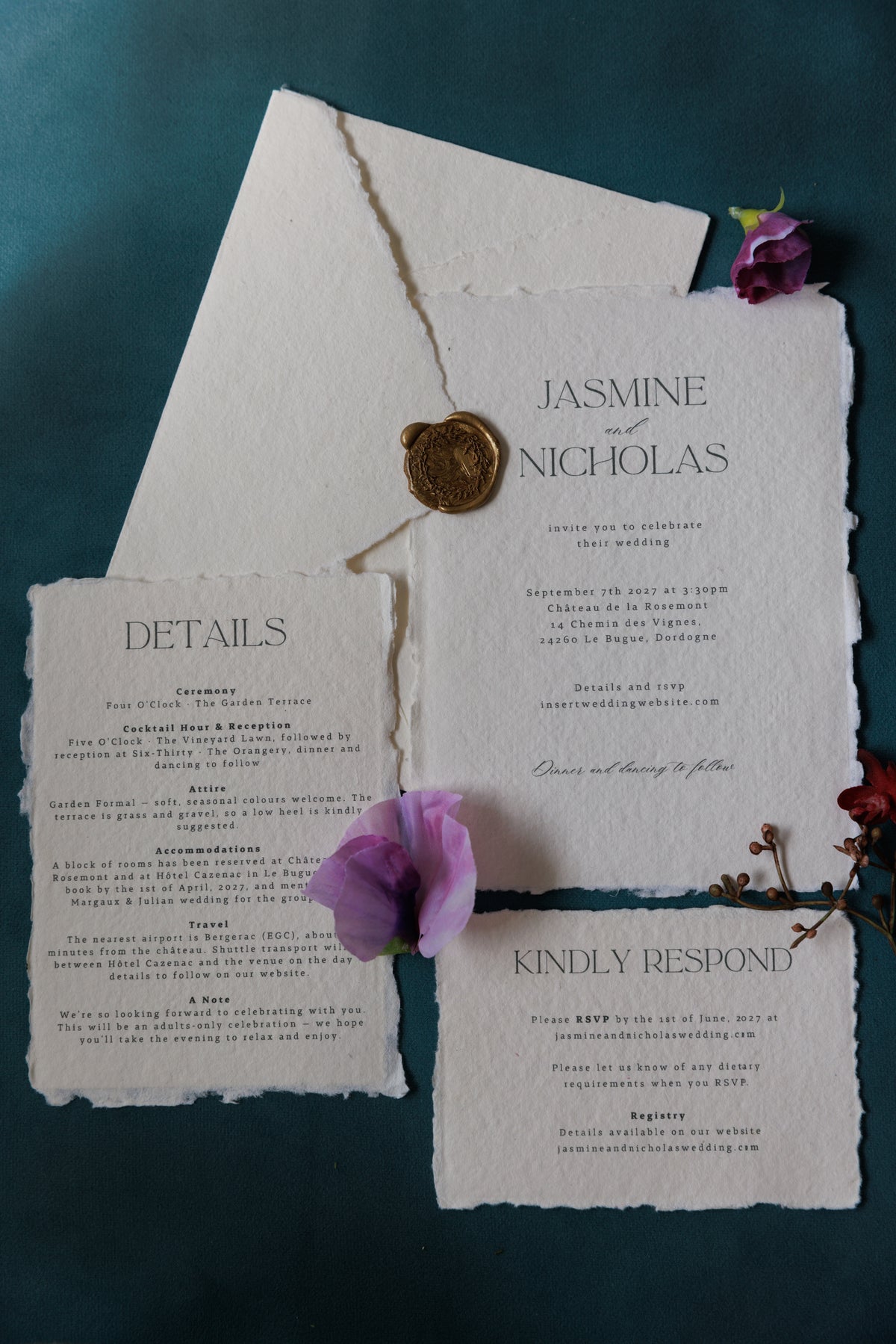 'Jasmine' Handmade Paper Wedding Stationery Invitation Suite