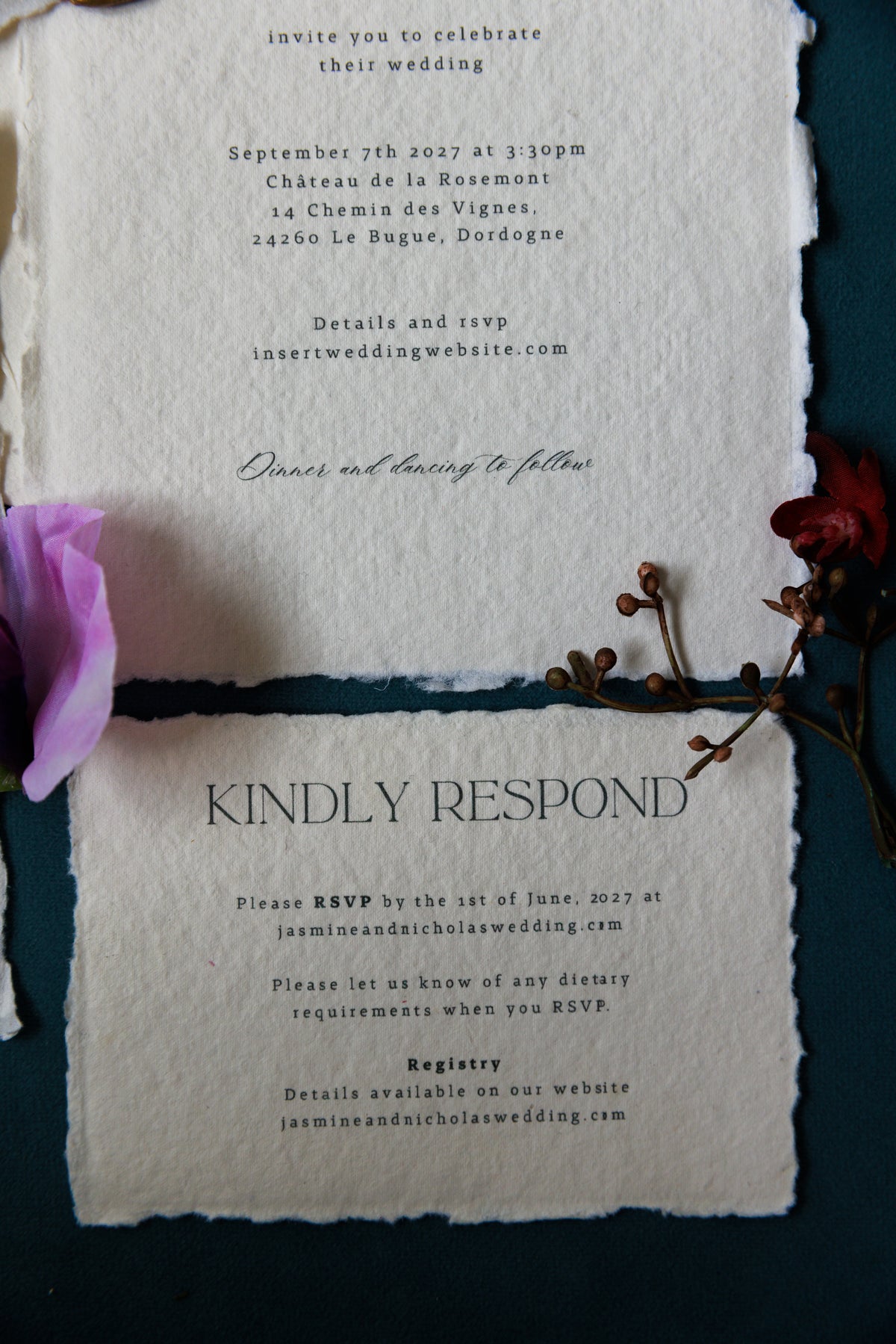 'Jasmine' Handmade Paper Wedding Stationery Invitation Suite