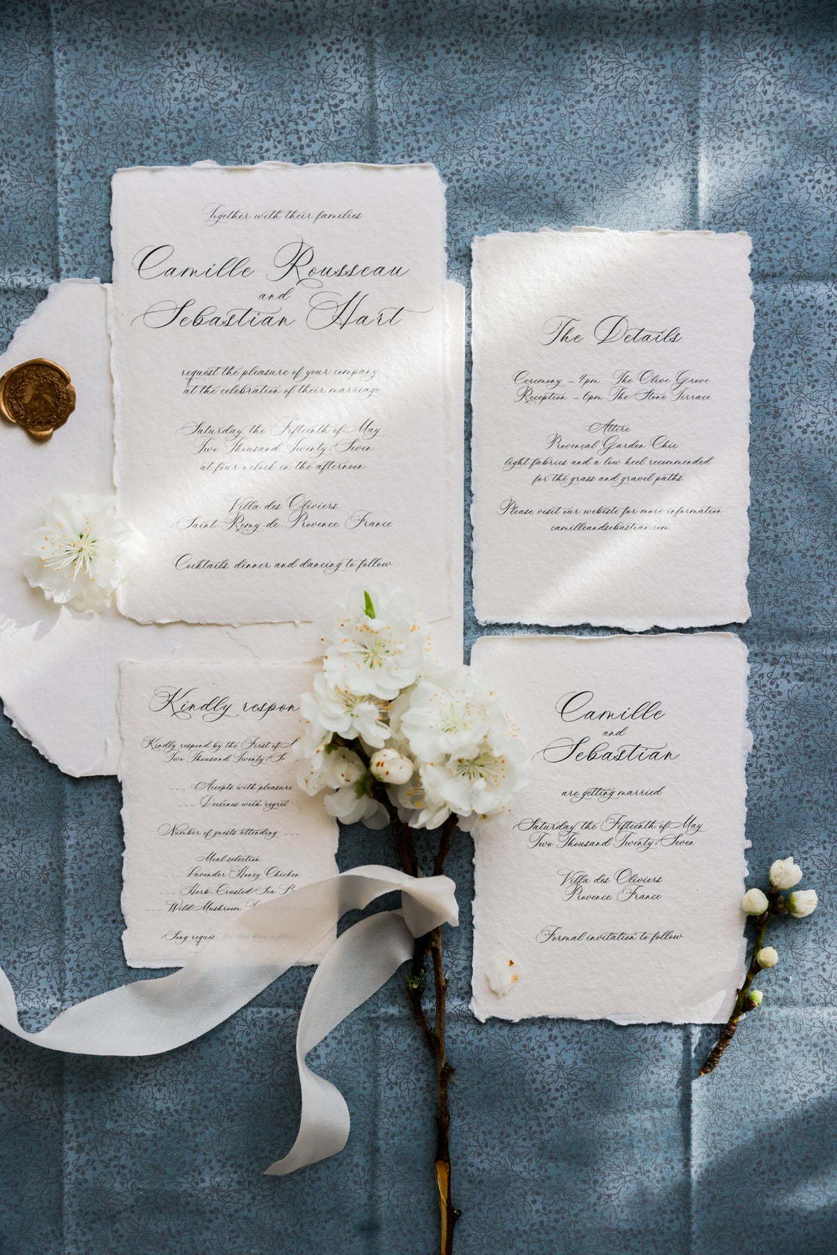 'Camille' Romantic Calligraphy Handmade Paper Wedding Invitation
