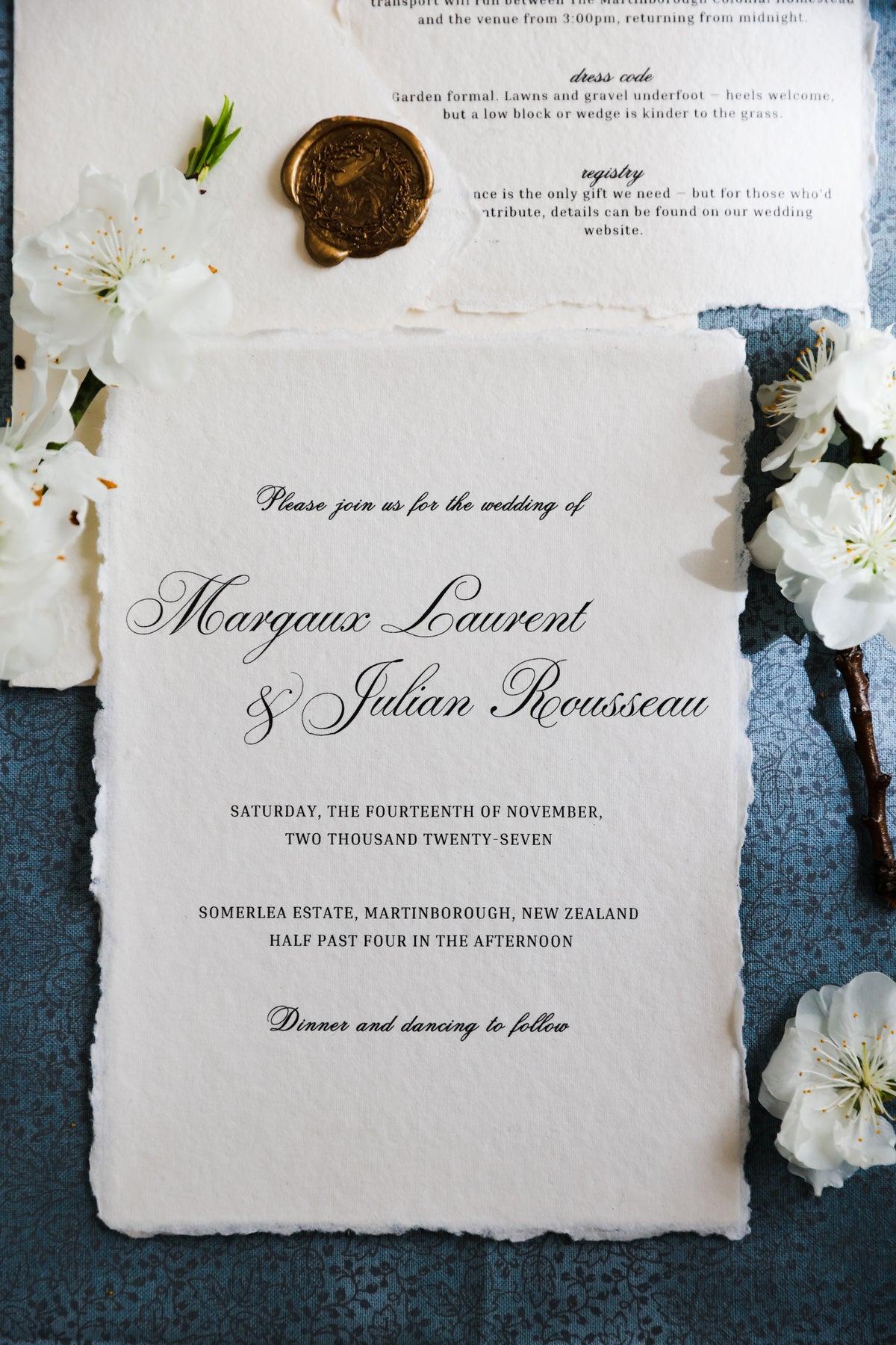 'Margaux' Romantic Old-world Handmade Paper Wedding Invitation