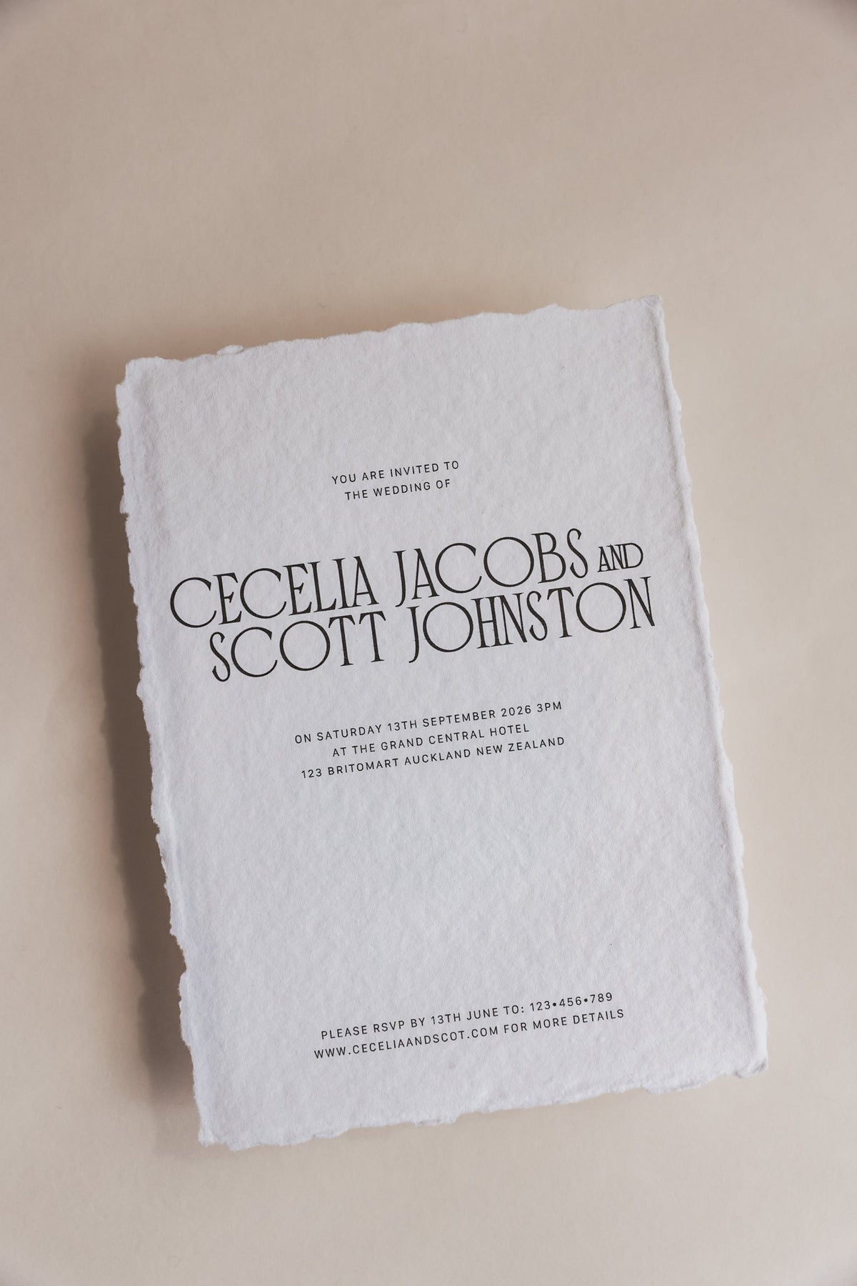 Cecelia wedding invitation with envelope on cotton rag paper