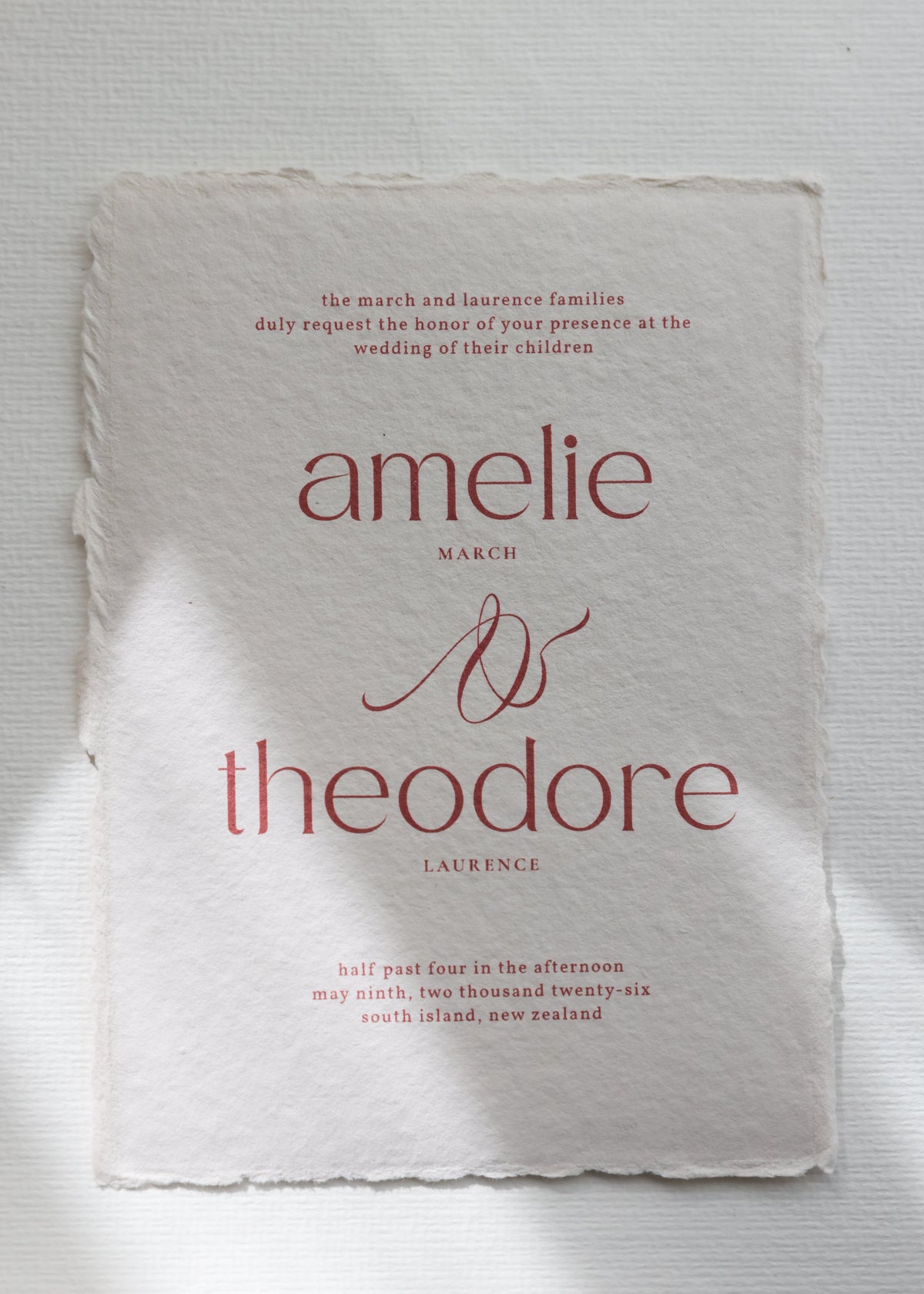 Amelie handmade cotton rag paper wedding invitation with bold oversized typography
