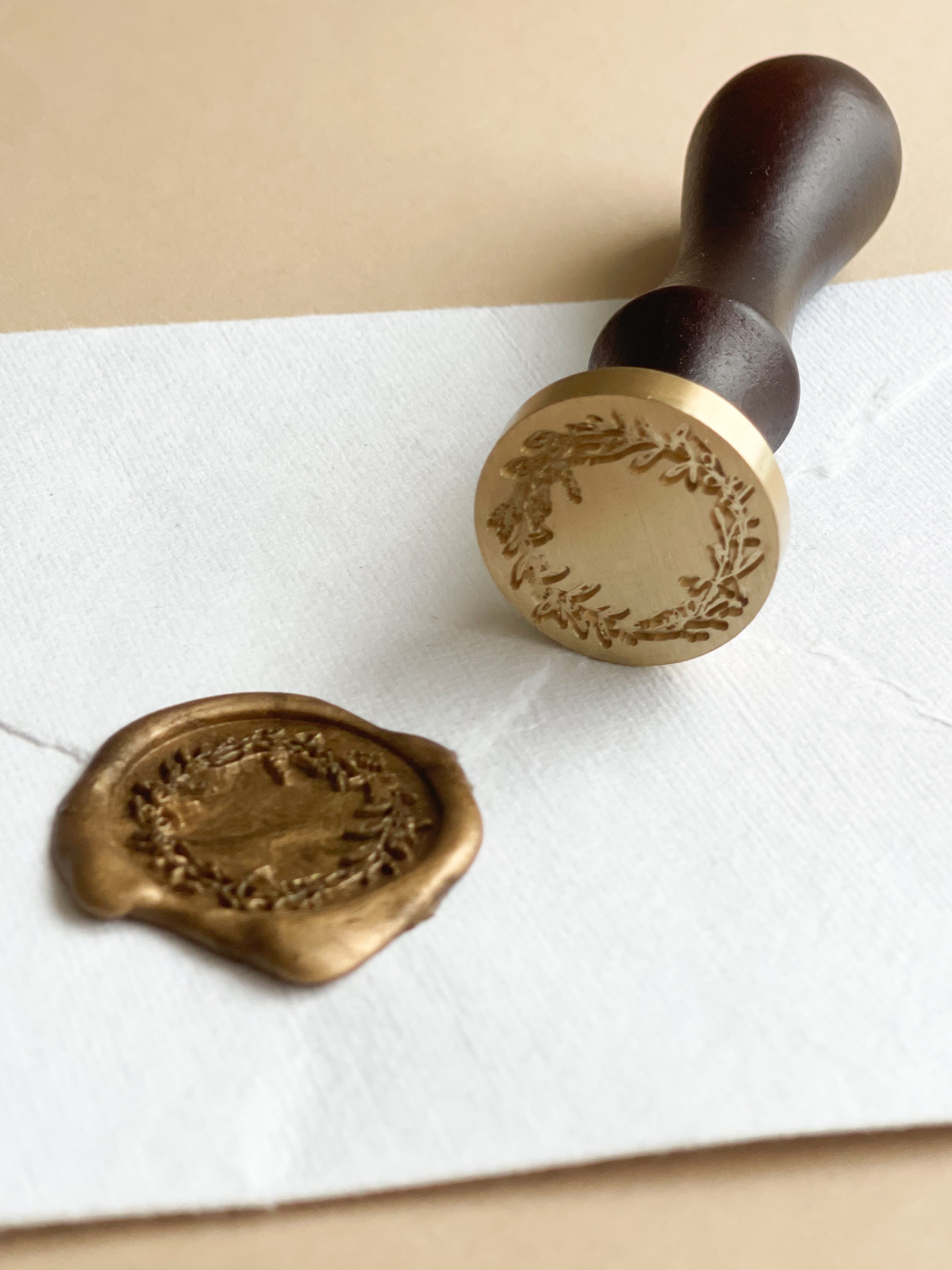 Wreath print wooden handle wax seal stamp on handmade cotton rag envelope