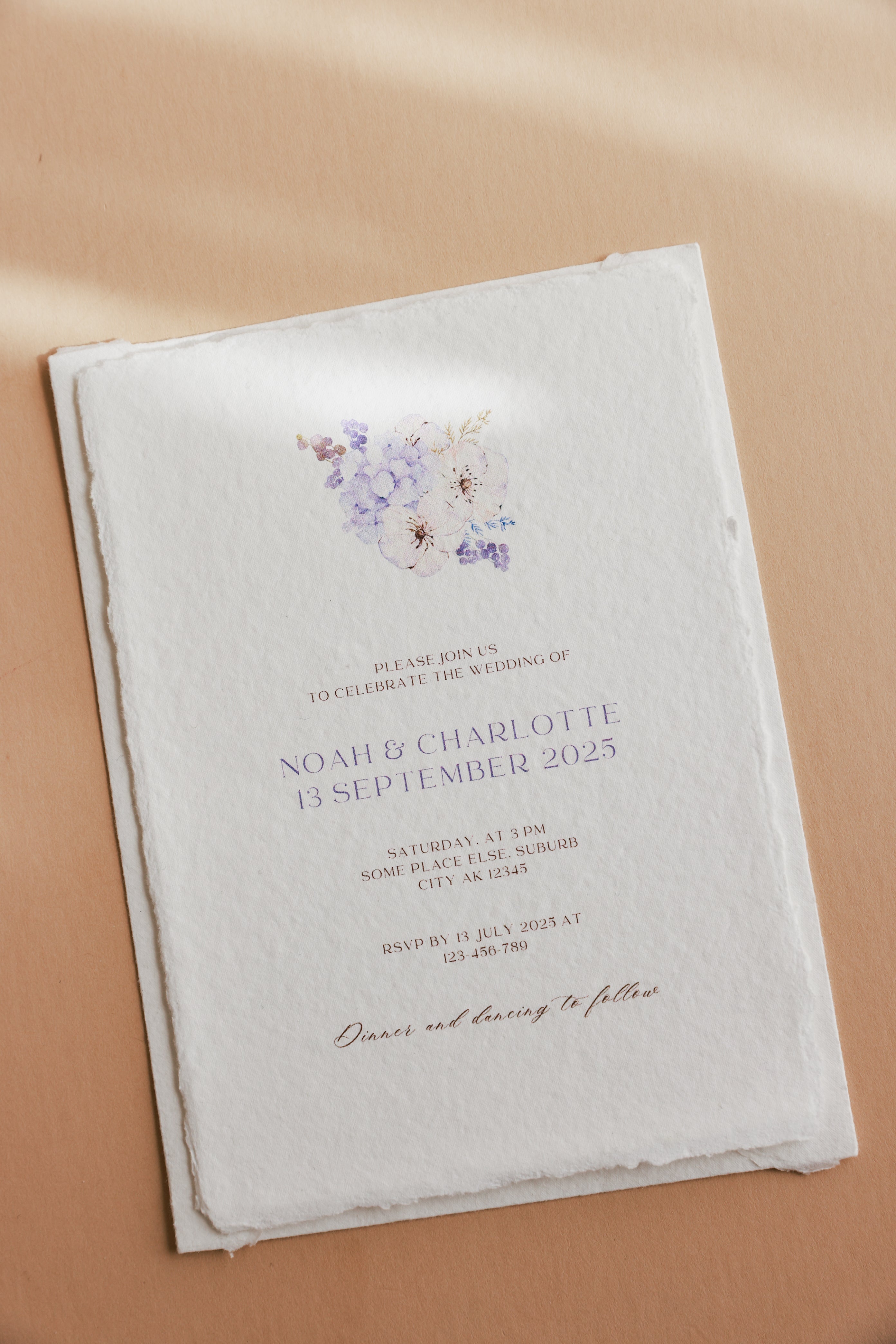 'Charlotte' 5x7 Wedding Invitation on White cotton rag Handmade Paper