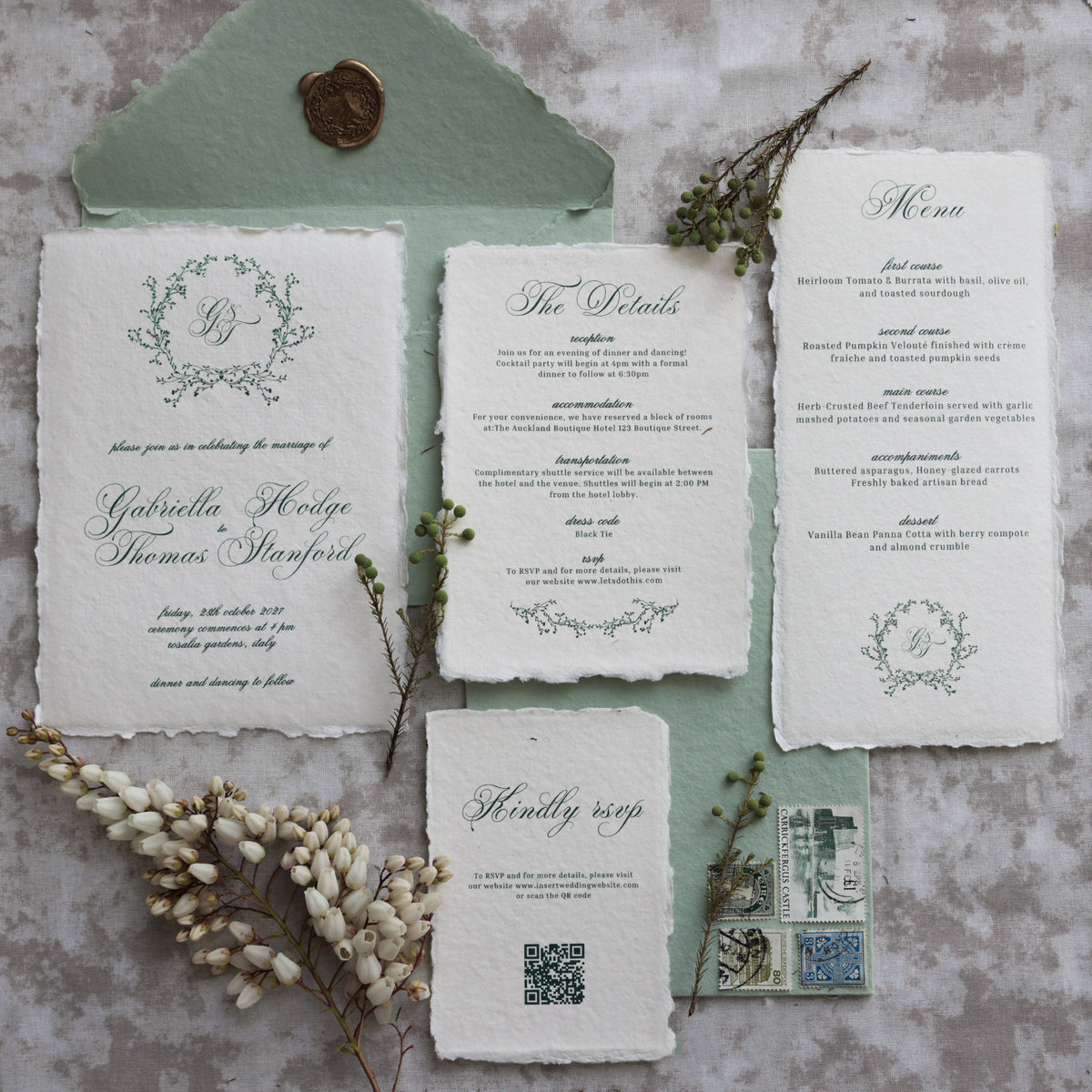 'Gabriella' Handmade Paper Wedding Stationery Invitation