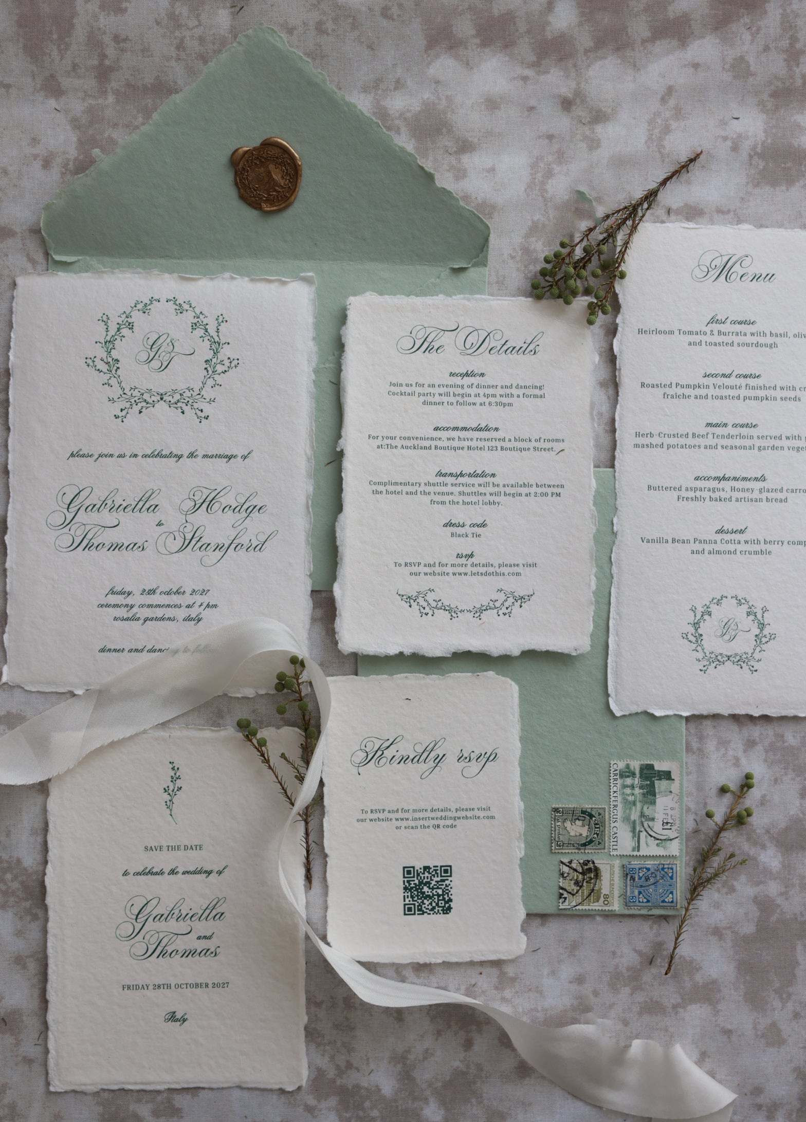 'Gabriella' Handmade Paper Wedding Stationery Invitation