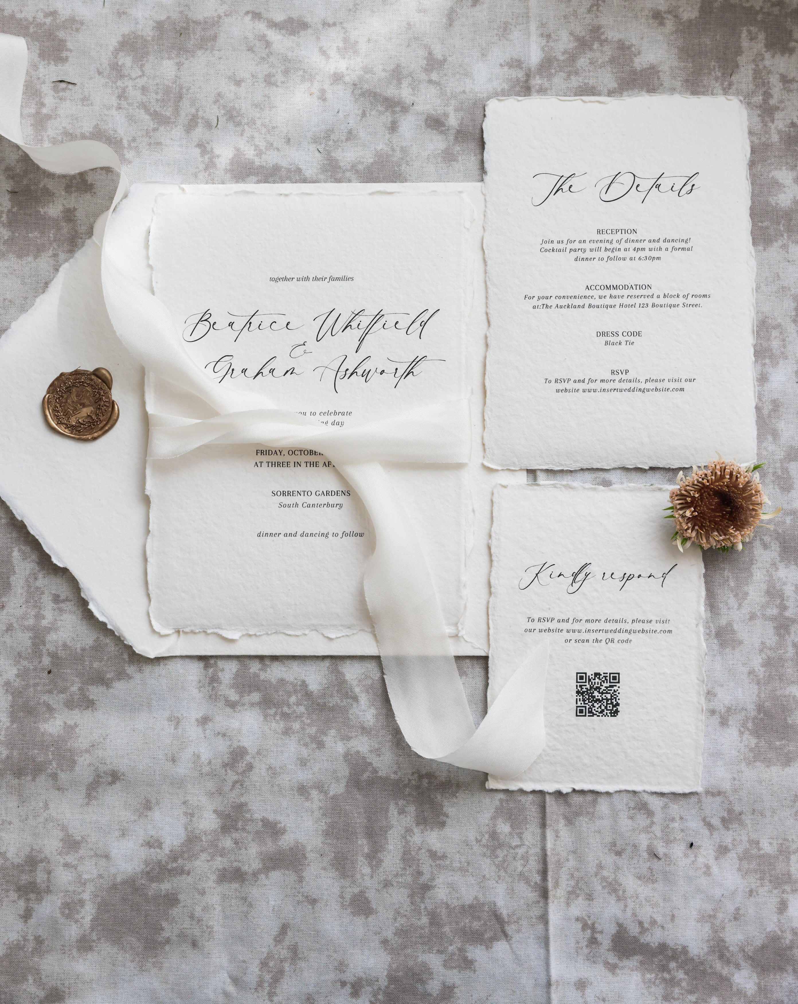 'Beatrice' Calligraphy Style Handmade Paper Wedding Invitation