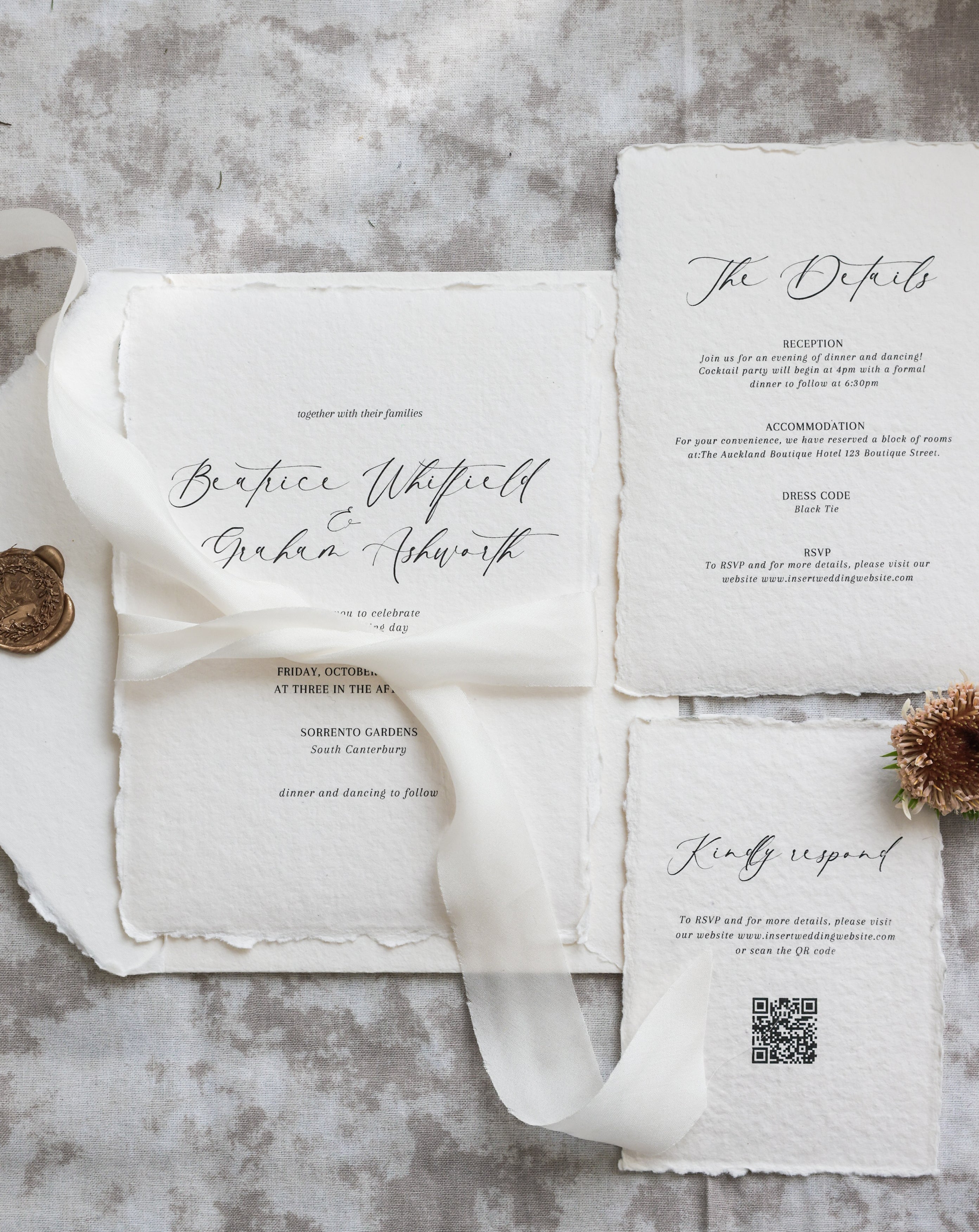 'Beatrice' Calligraphy Style Handmade Paper Wedding Invitation