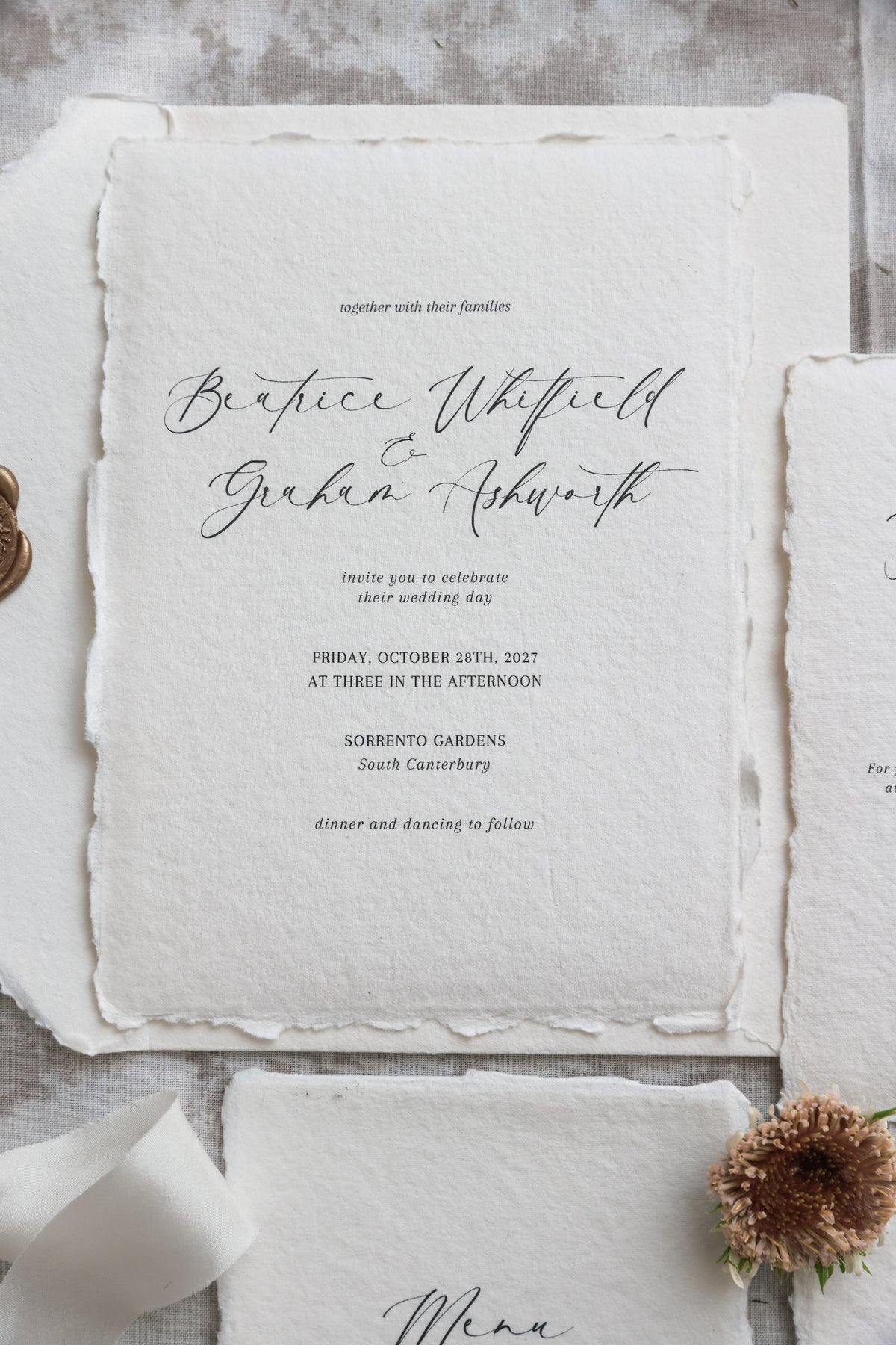'Beatrice' Calligraphy Style Handmade Paper Wedding Invitation