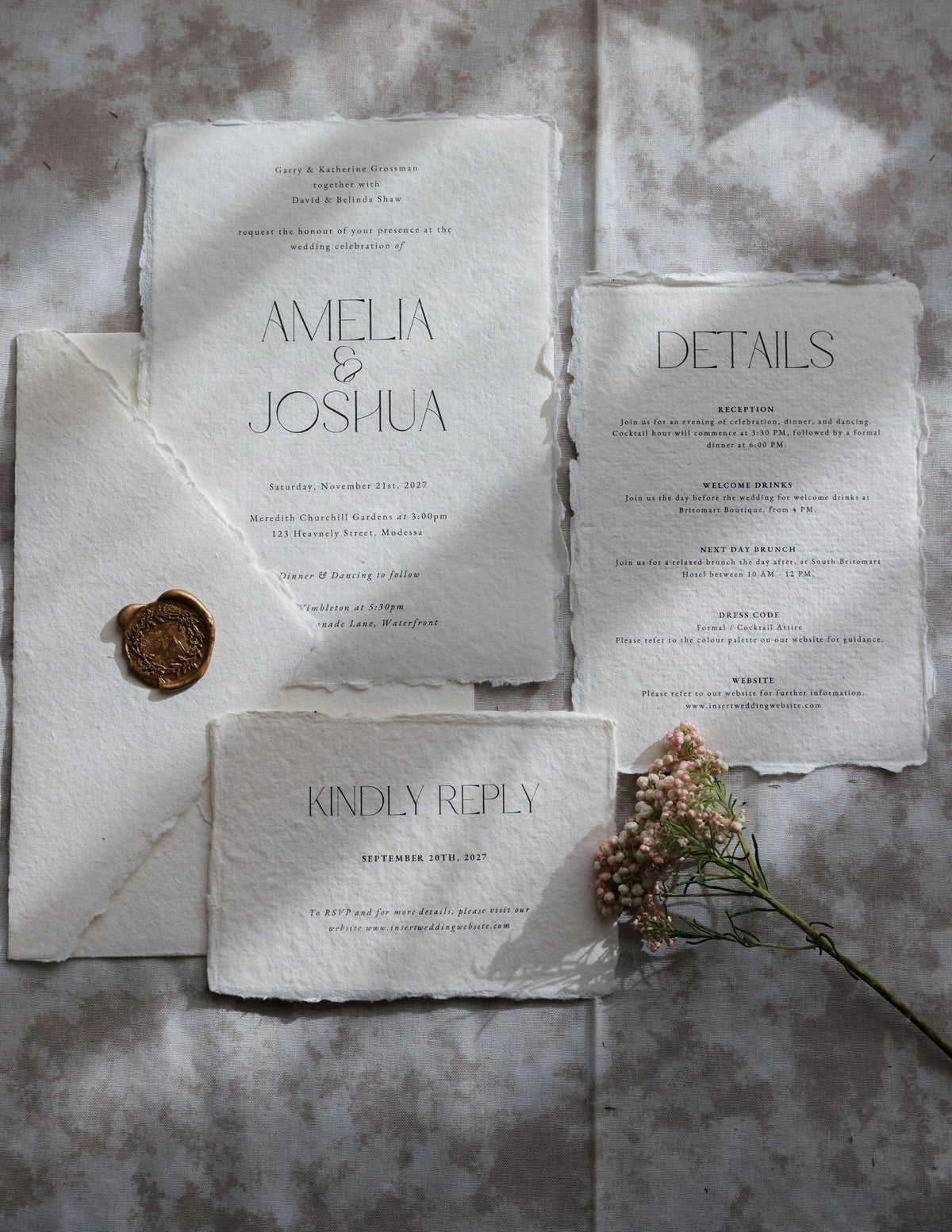 'Amelia' Handmade Paper Wedding Stationery Invitation Suite