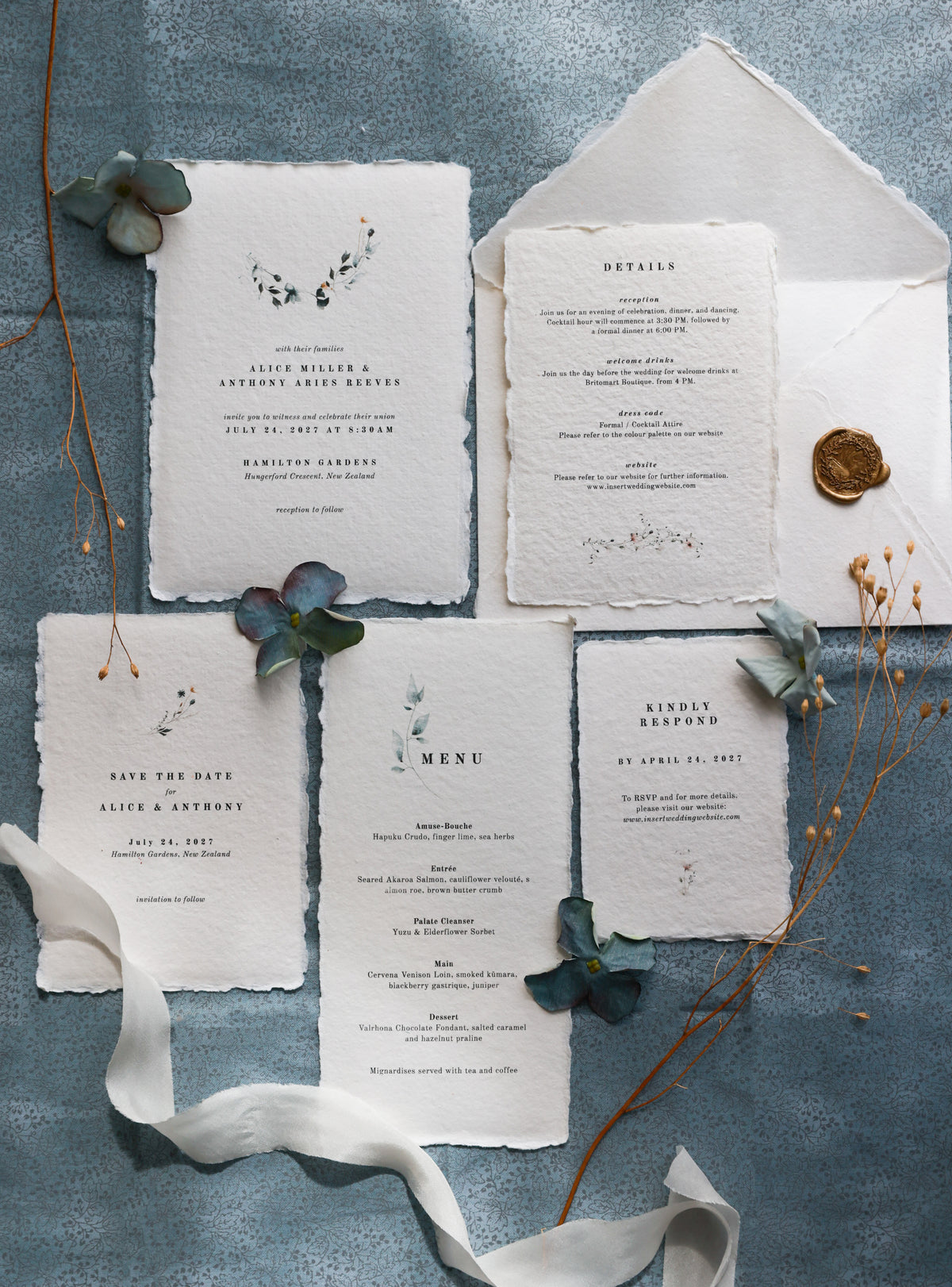 'Alice' Botanical Handmade Paper Wedding Stationery Invitation