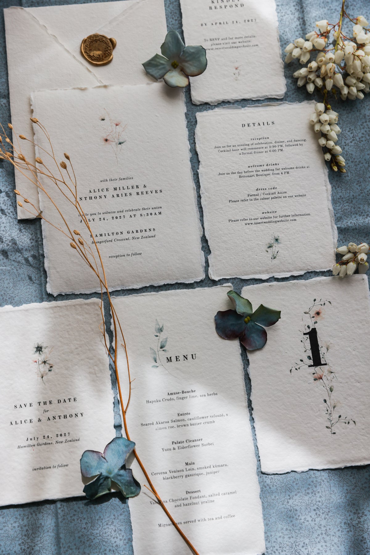 'Alice' Botanical Handmade Paper Wedding Stationery Invitation