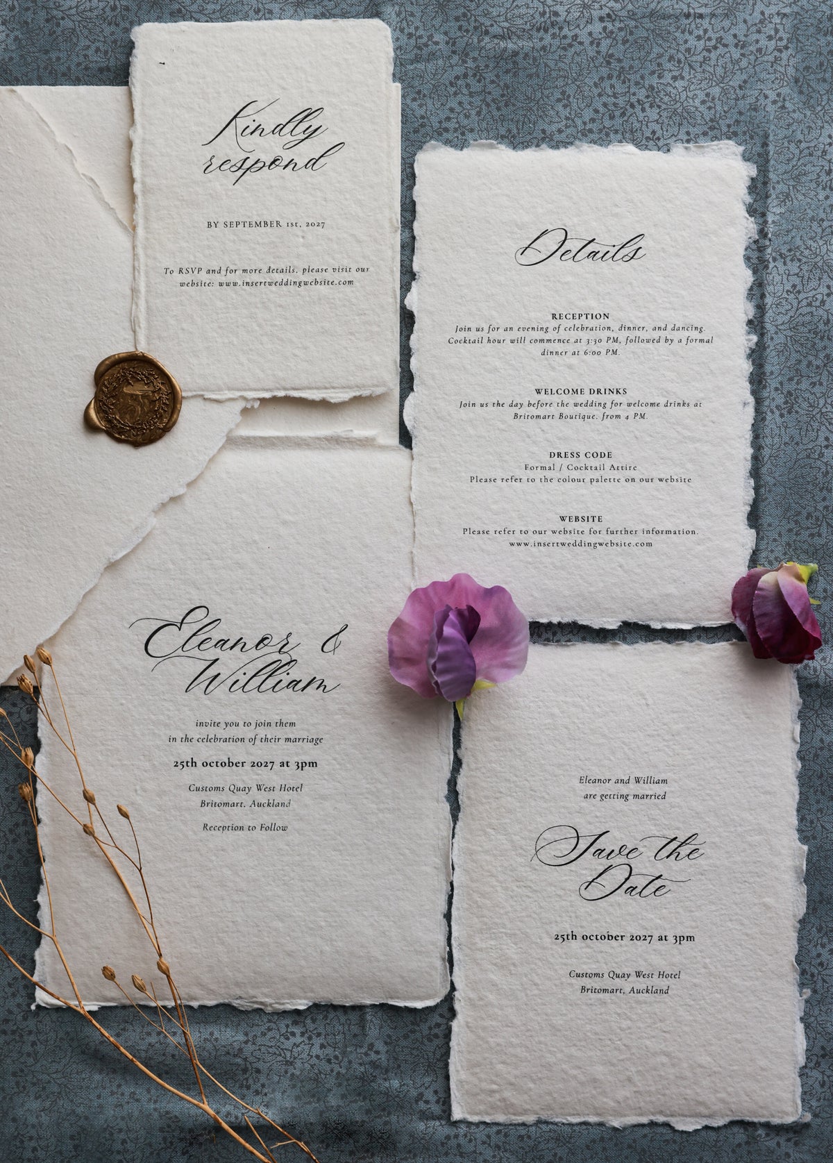 'Eleanor' Handmade Paper Wedding Stationery Invitation