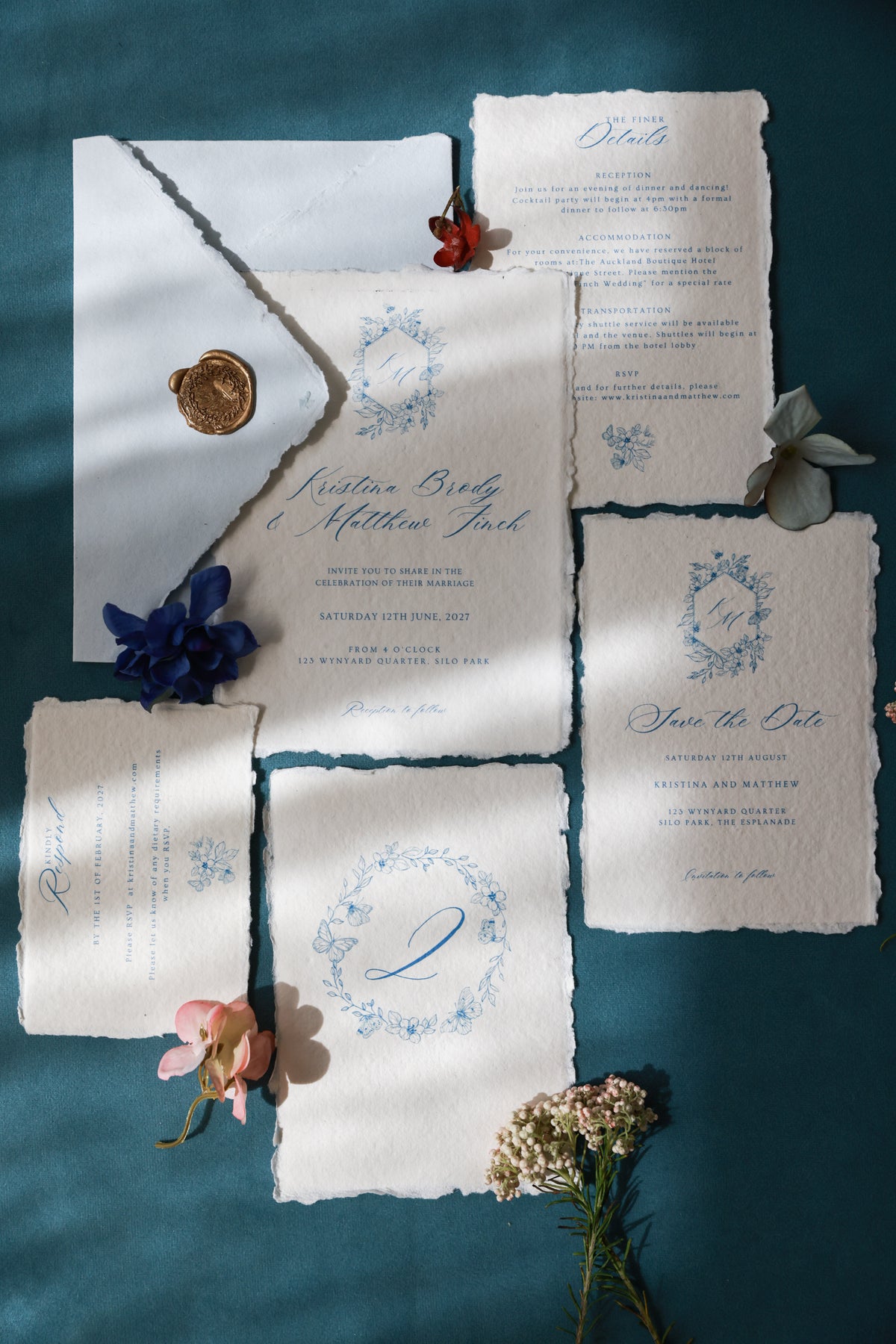 'Kristina' Blue Calligraphy Style Wedding Invitation
