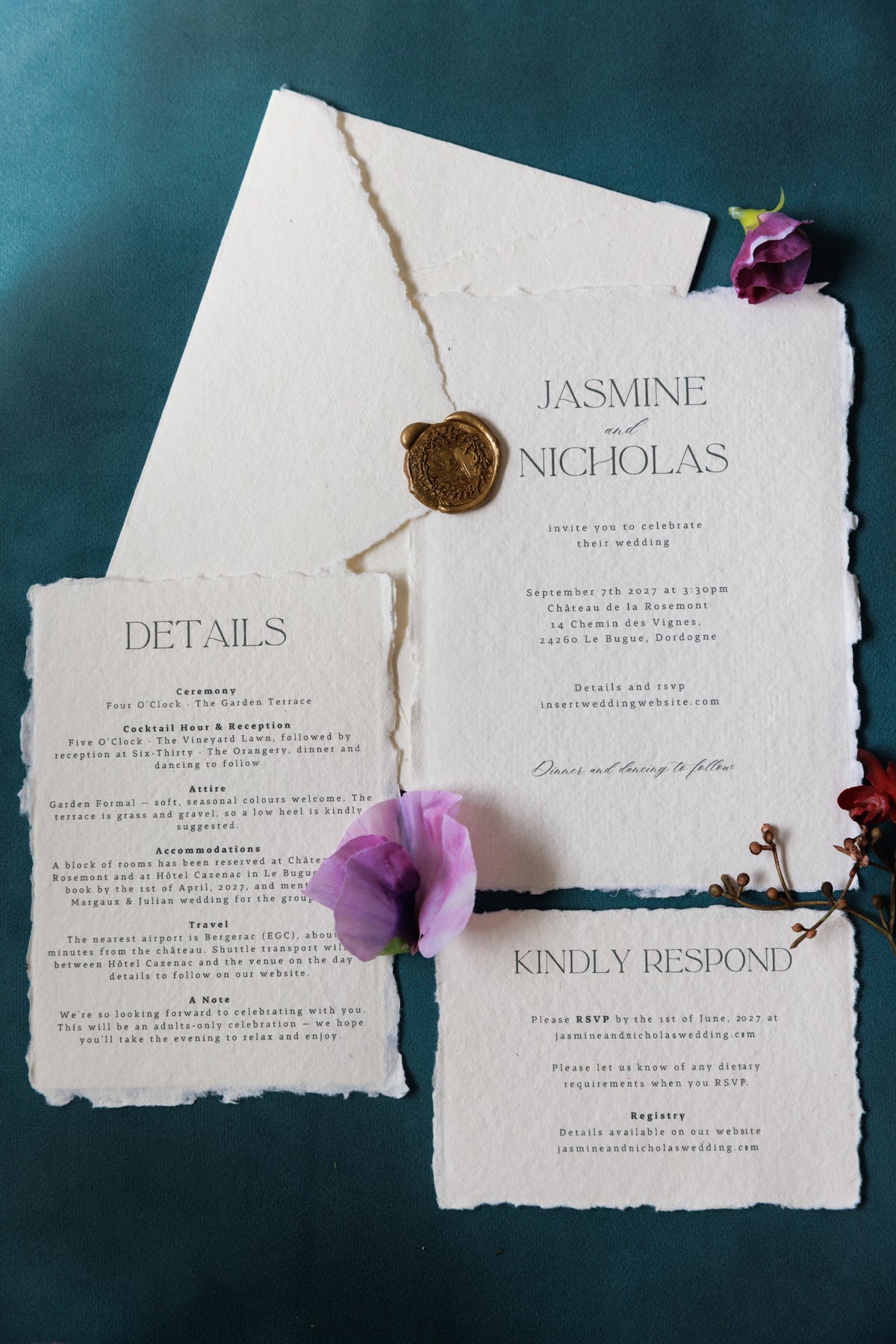 'Jasmine' Handmade Paper Wedding Stationery Invitation Suite