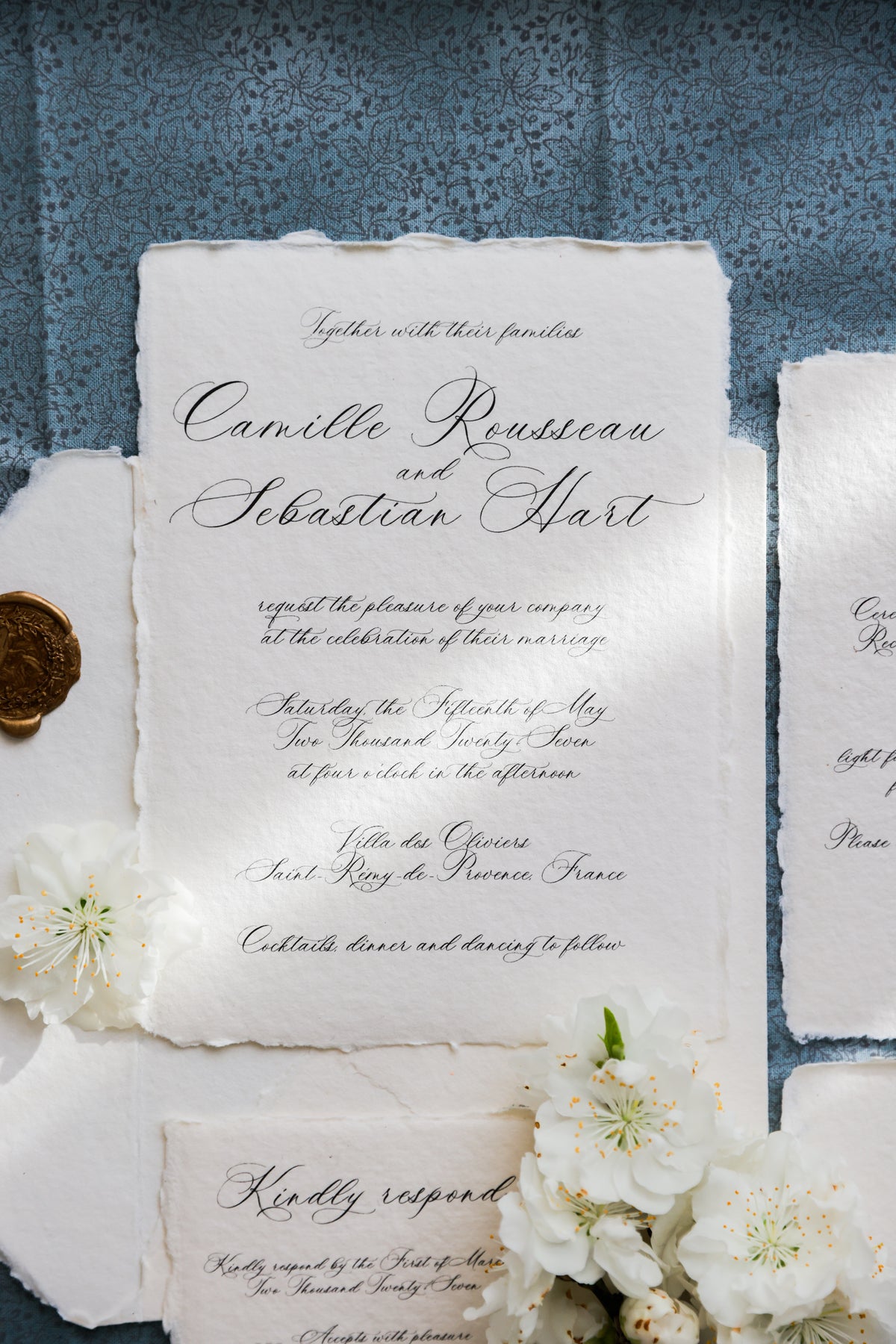 'Camille' Romantic Calligraphy Handmade Paper Wedding Invitation
