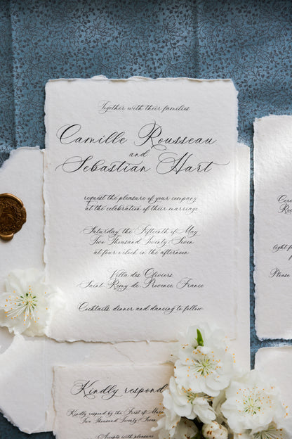 'Camille' Romantic Calligraphy Handmade Paper Wedding Invitation