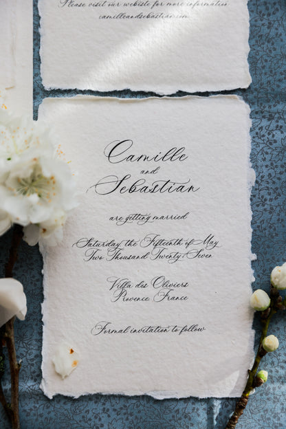 'Camille' Romantic Calligraphy Handmade Paper Wedding Invitation