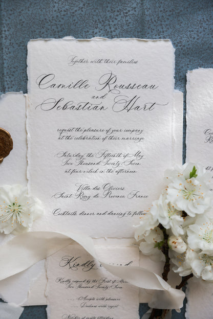 'Camille' Romantic Calligraphy Handmade Paper Wedding Invitation