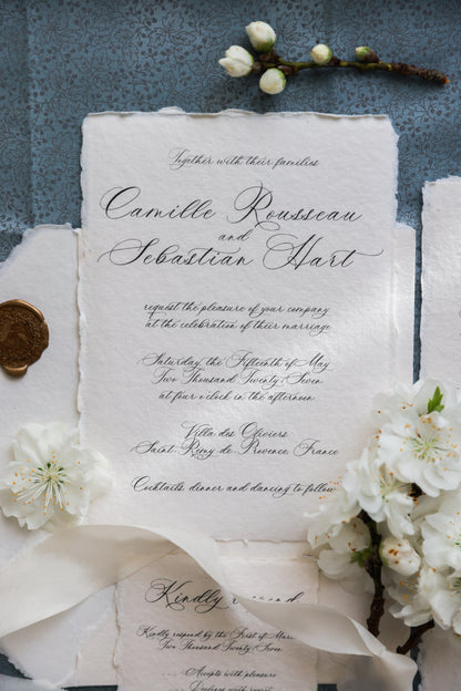'Camille' Romantic Calligraphy Handmade Paper Wedding Invitation