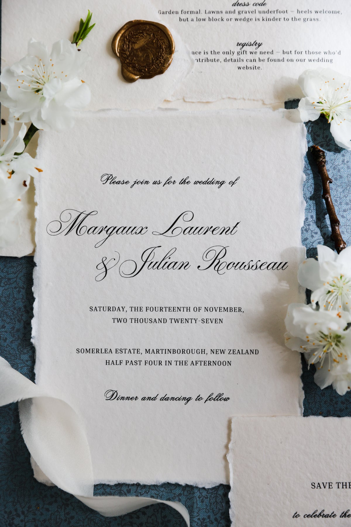 'Margaux' Romantic Old-world Handmade Paper Wedding Invitation