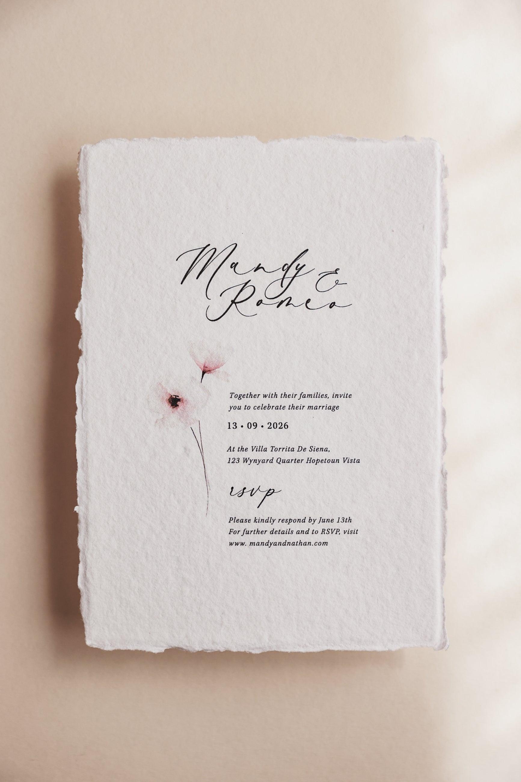 'Mandy' Wedding Invitation Suite on Handmade Cotton Rag Paper