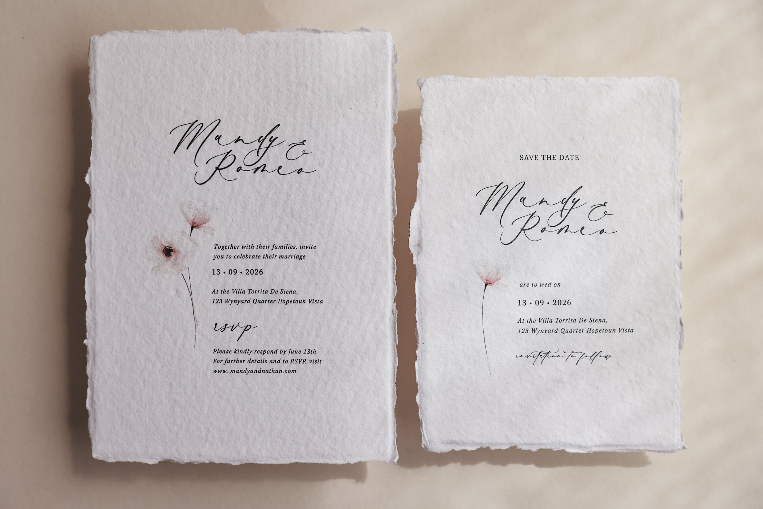 'Mandy' Wedding Invitation Suite on Handmade Cotton Rag Paper