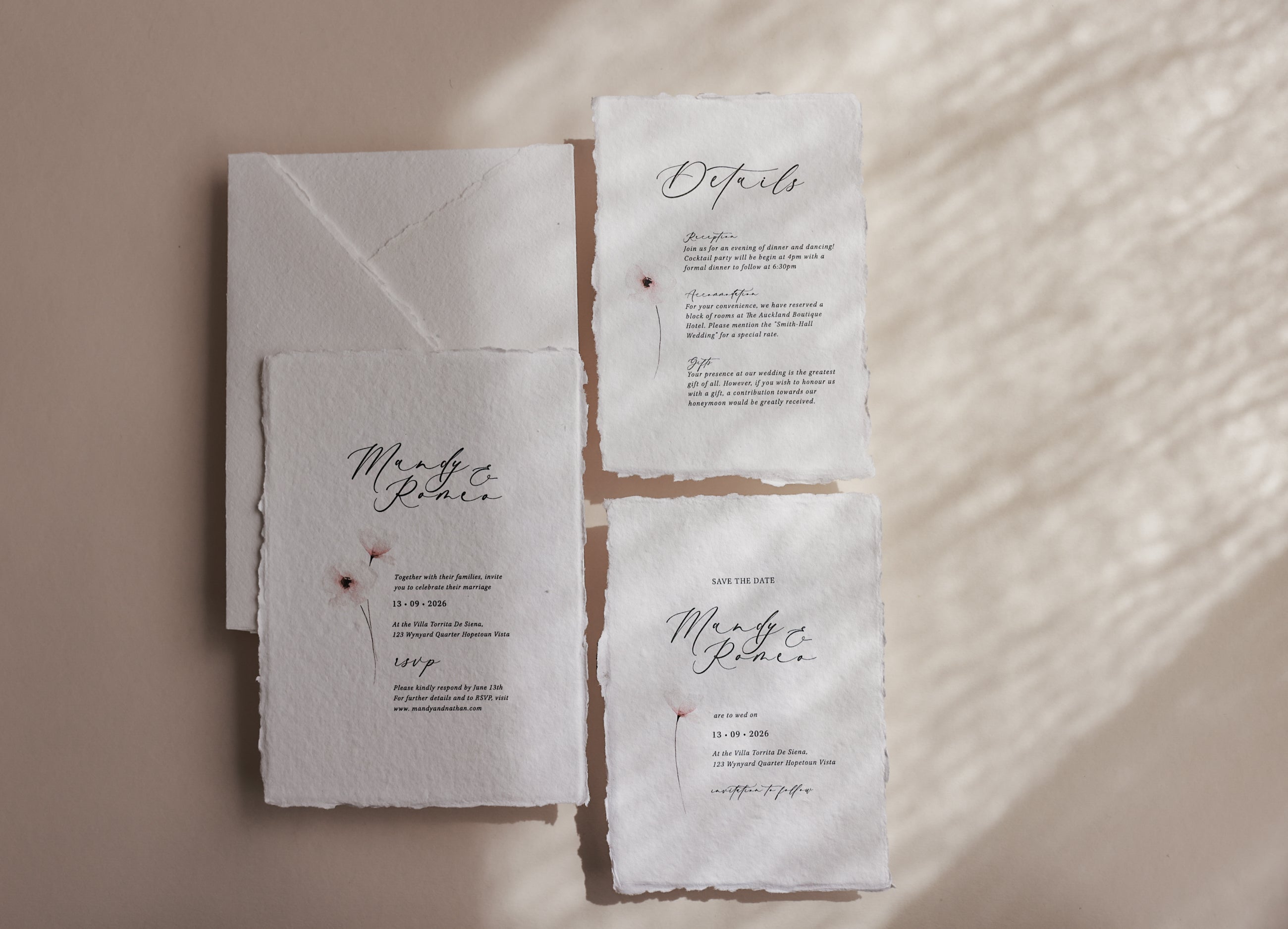 'Mandy' Wedding Invitation Suite on Handmade Cotton Rag Paper