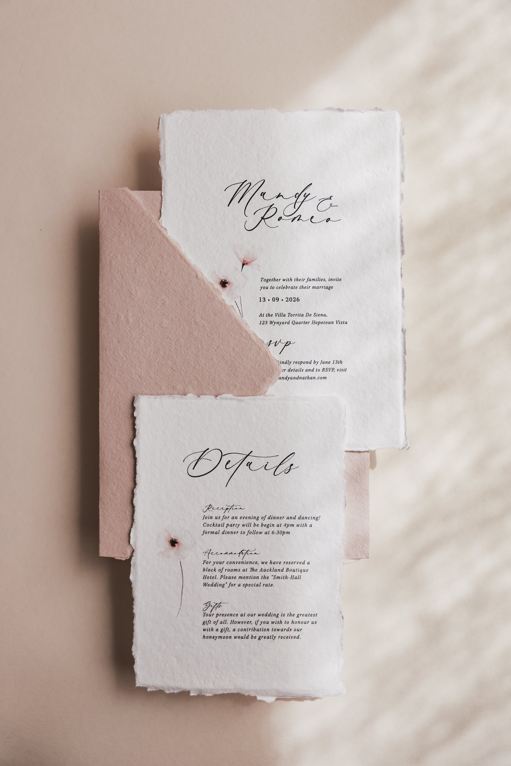 'Mandy' Wedding Invitation Suite on Handmade Cotton Rag Paper