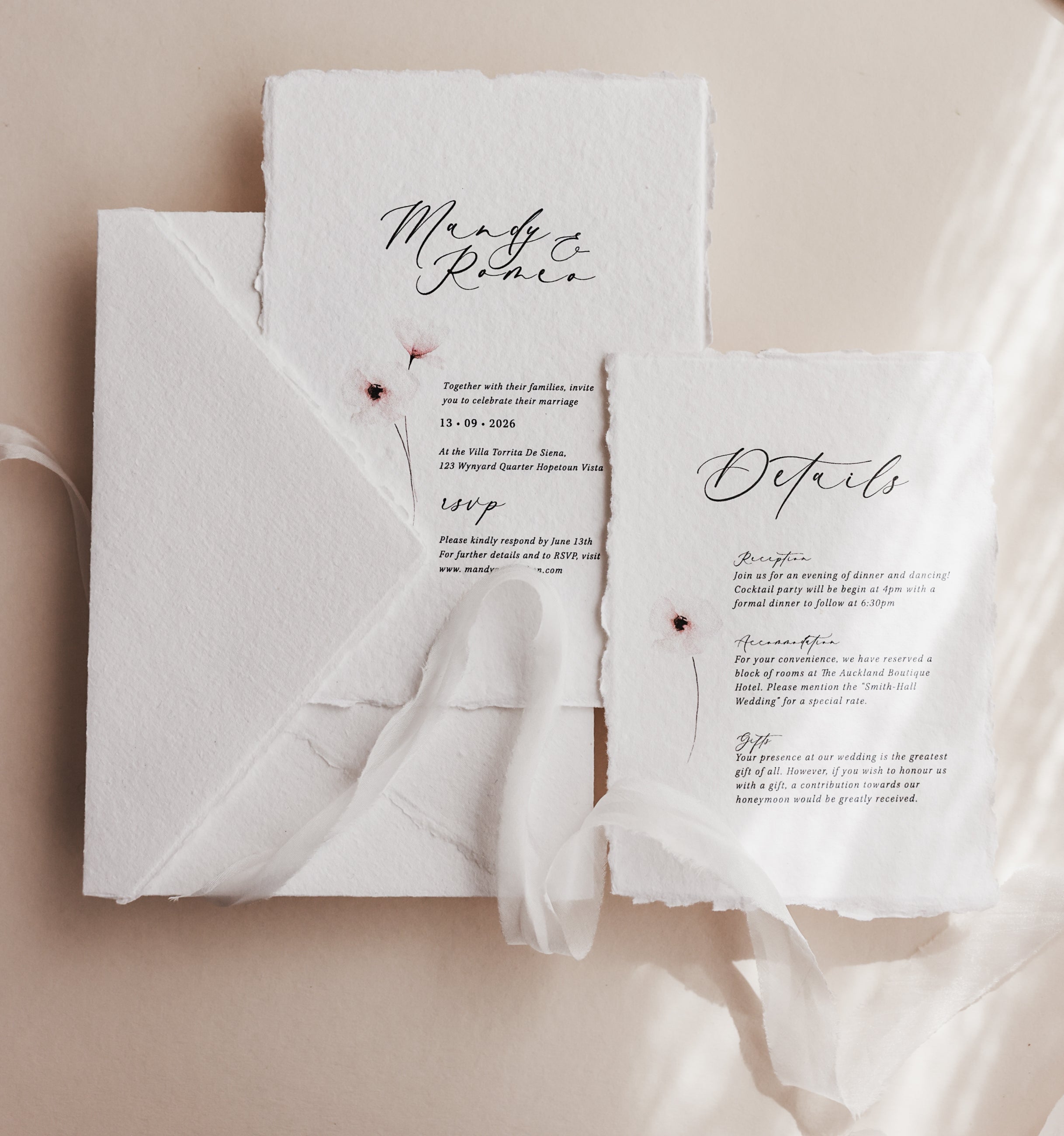 'Mandy' Wedding Invitation Suite on Handmade Cotton Rag Paper