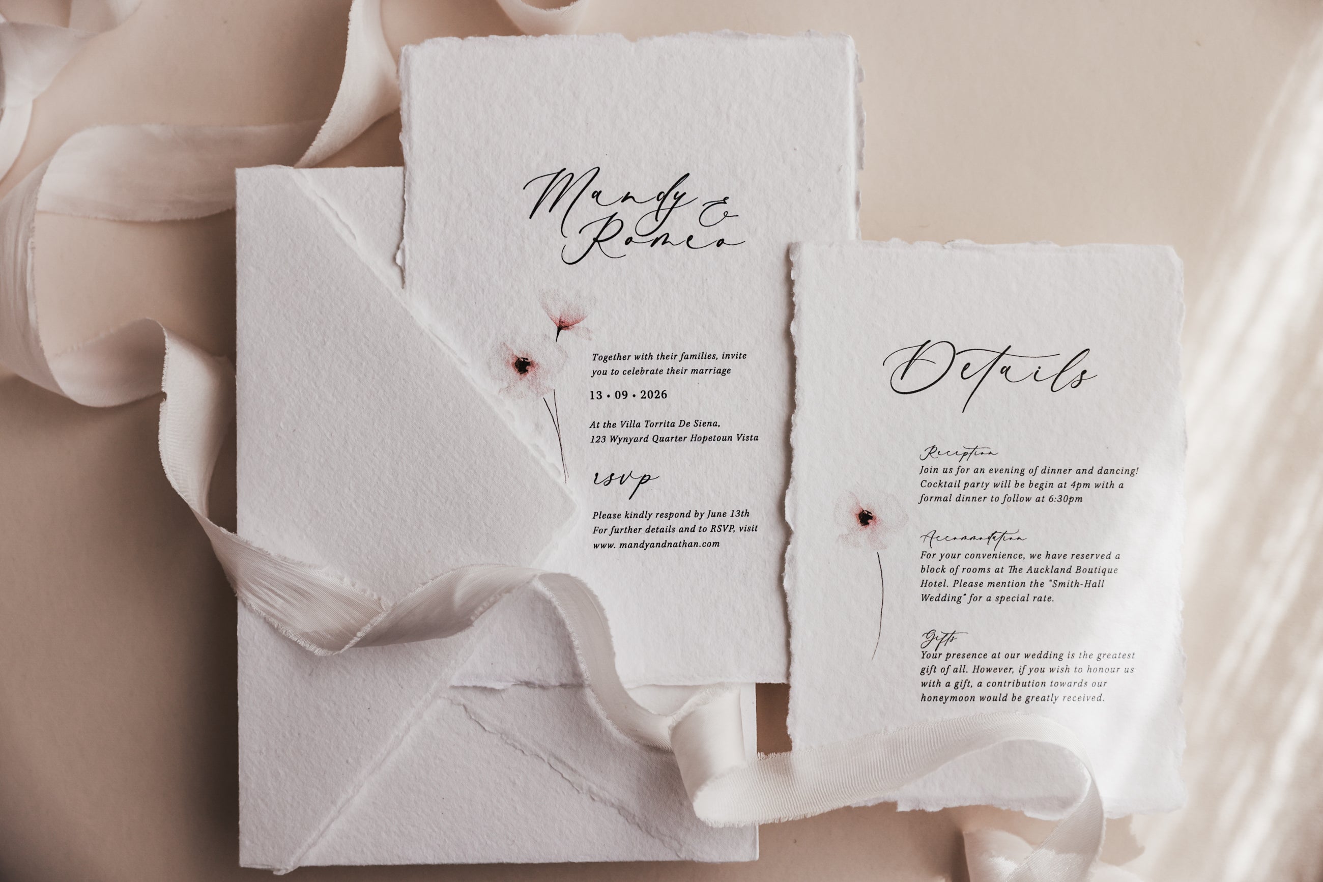 'Mandy' Wedding Invitation Suite on Handmade Cotton Rag Paper