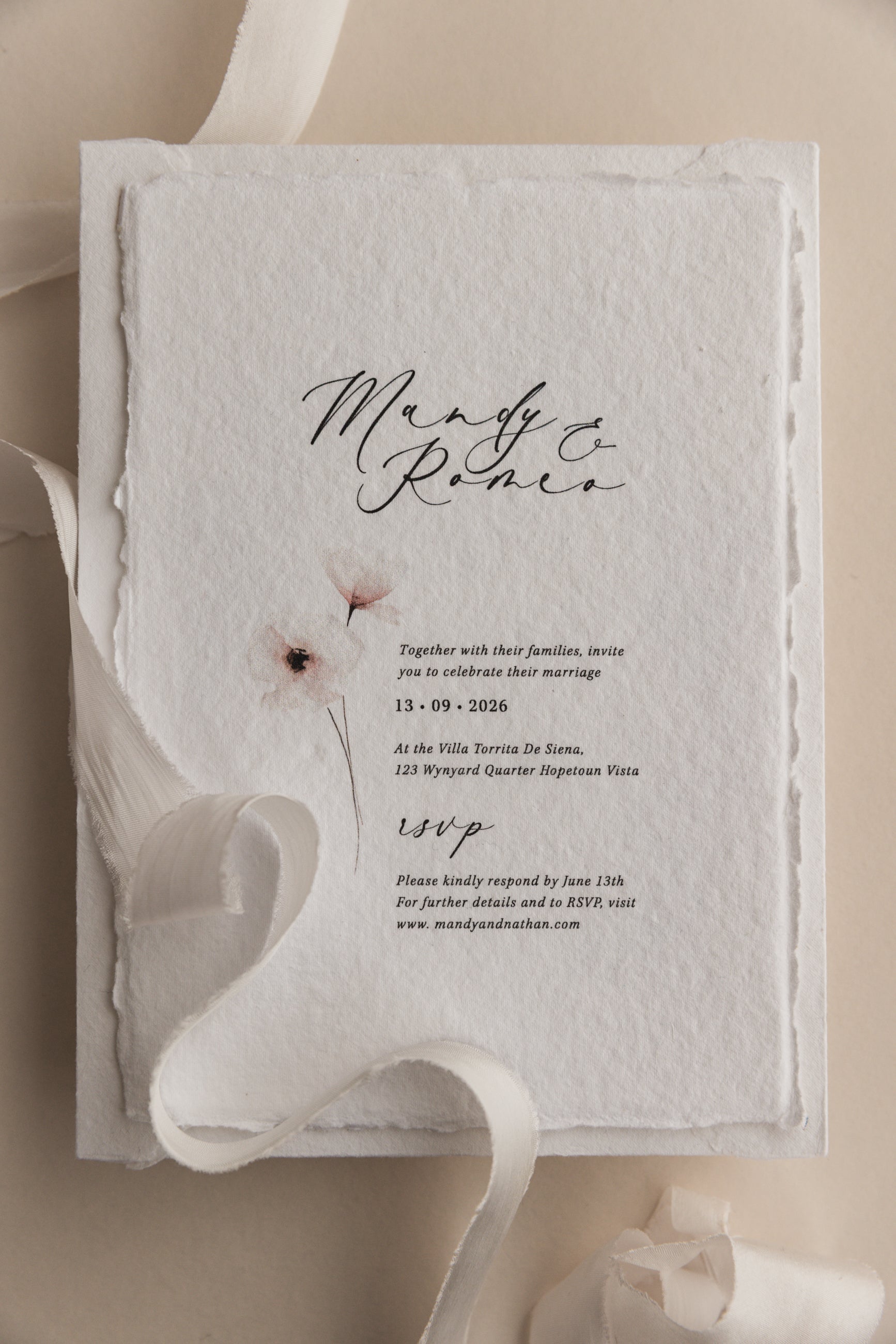 'Mandy' Wedding Invitation Suite on Handmade Cotton Rag Paper