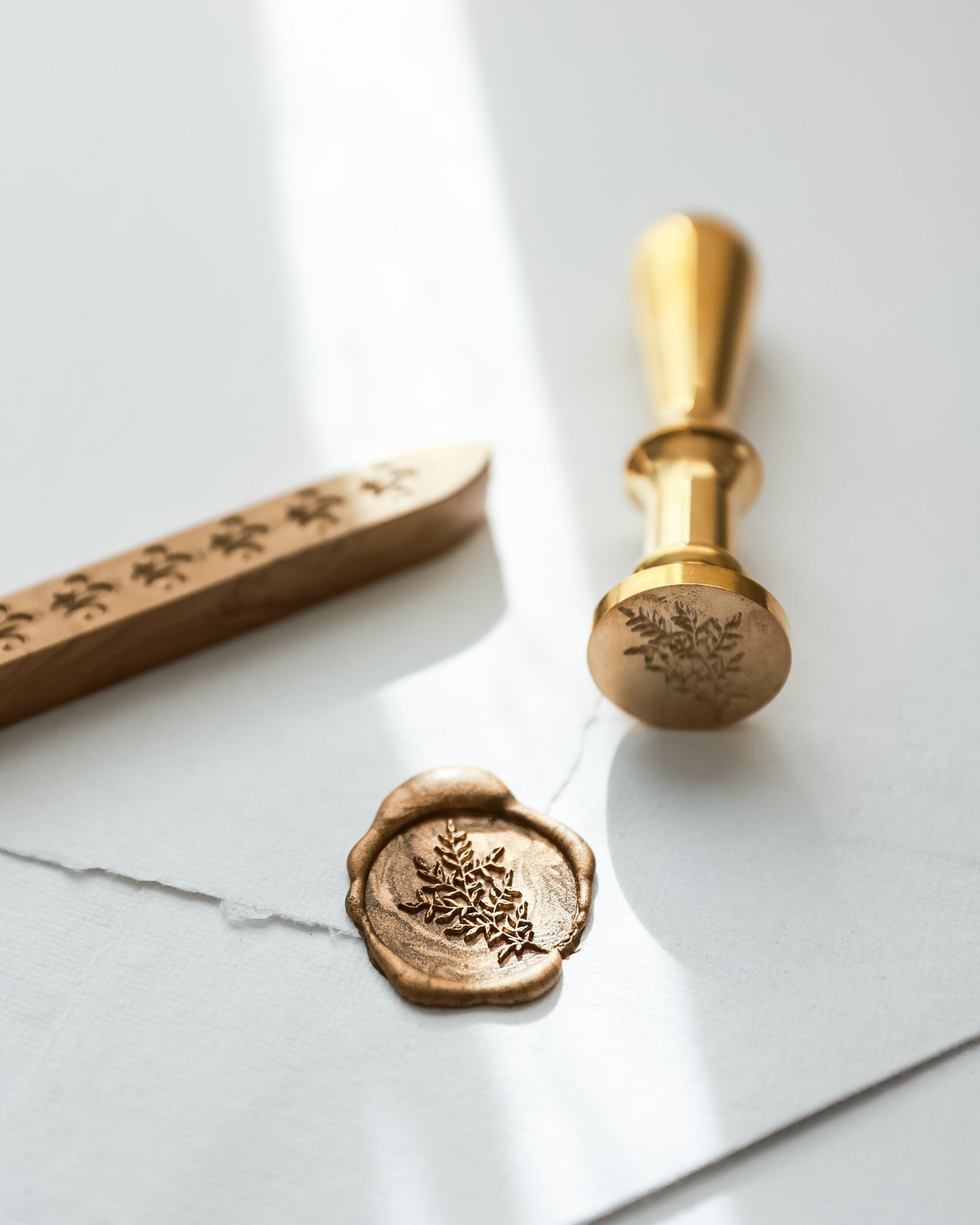 Botanical Wax Seal Stamp with Brass Handle on cotton rag envelope