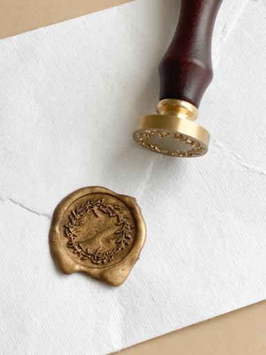 Wreath print wooden handle wax seal stamp on handmade cotton rag envelope