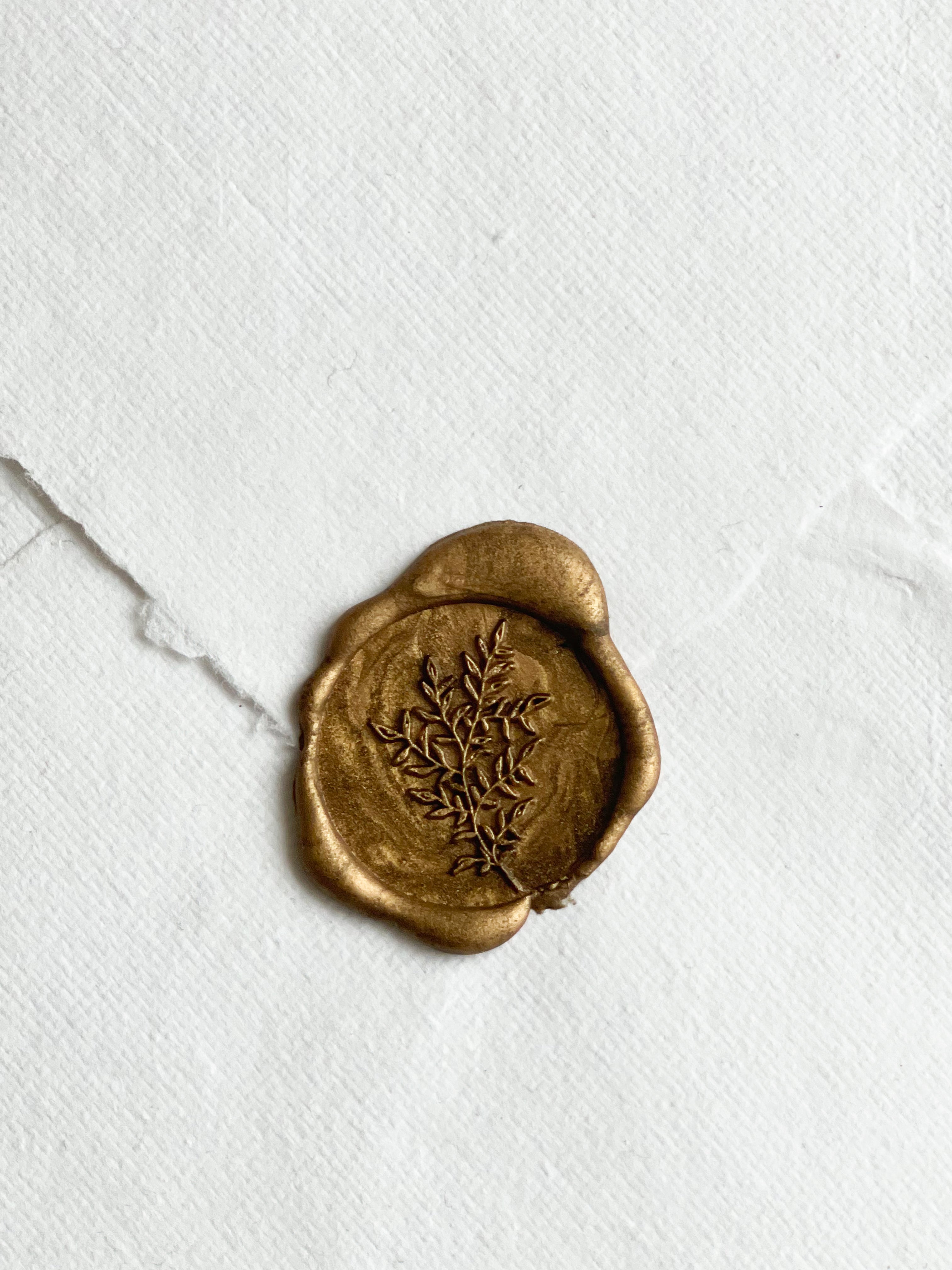 Botanical imprint wax seal stamp on cotton rag envelope