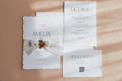 'Amelia' Handmade Paper Wedding Stationery Invitation Suite with silk ribbon and wax seal stamp