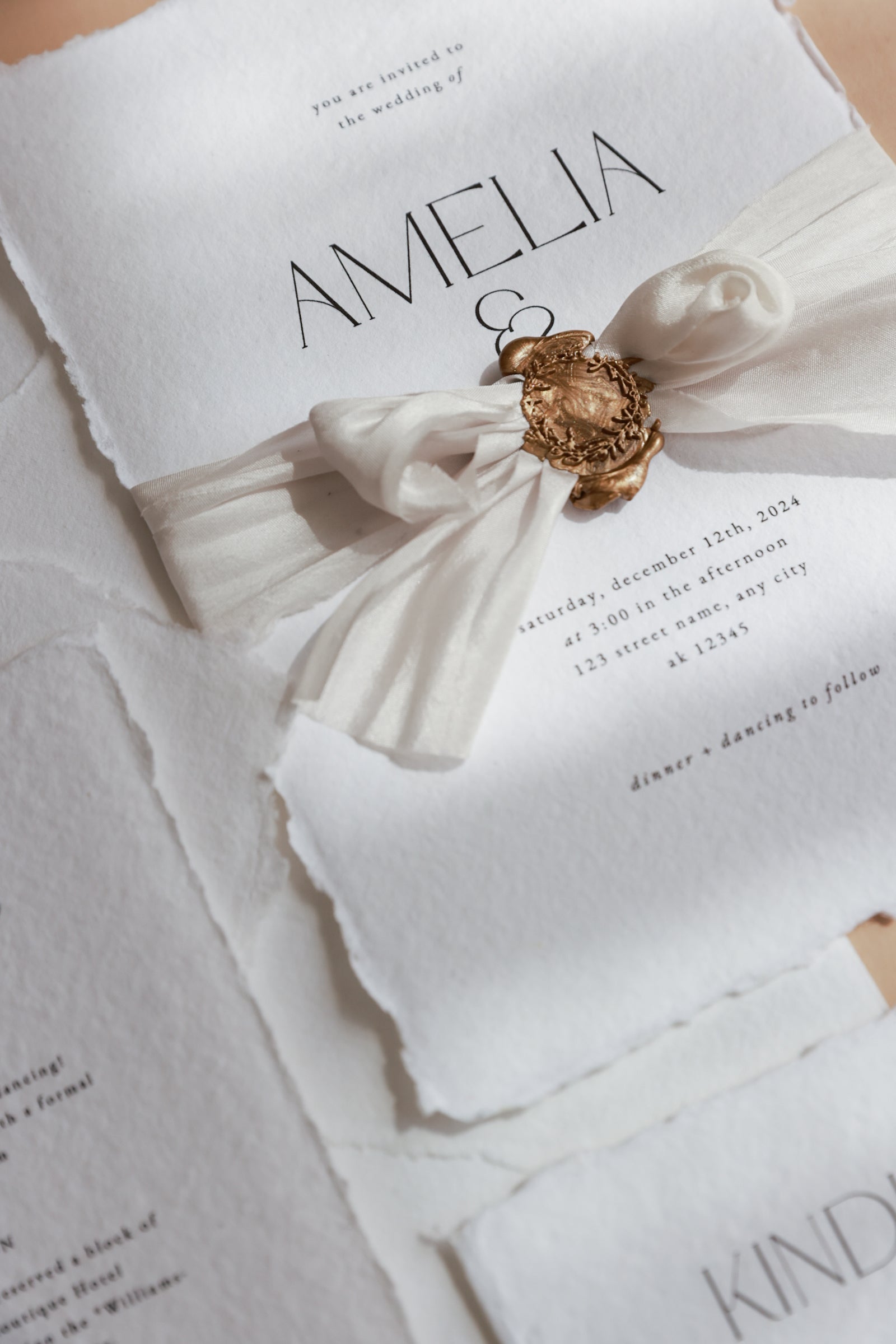 'Amelia' Handmade Paper 5x7 Wedding Stationery Invitation with silk ribbon and wax seal stamp