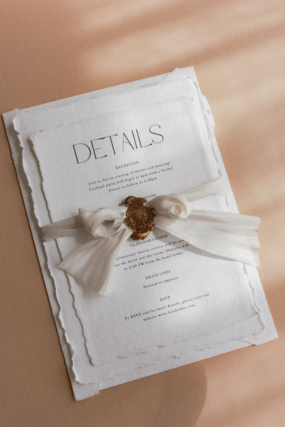 Feathers And Stone Handmade Paper Cotton Rag wedding details card  with silk ribbon, wax seal stamp and envelope