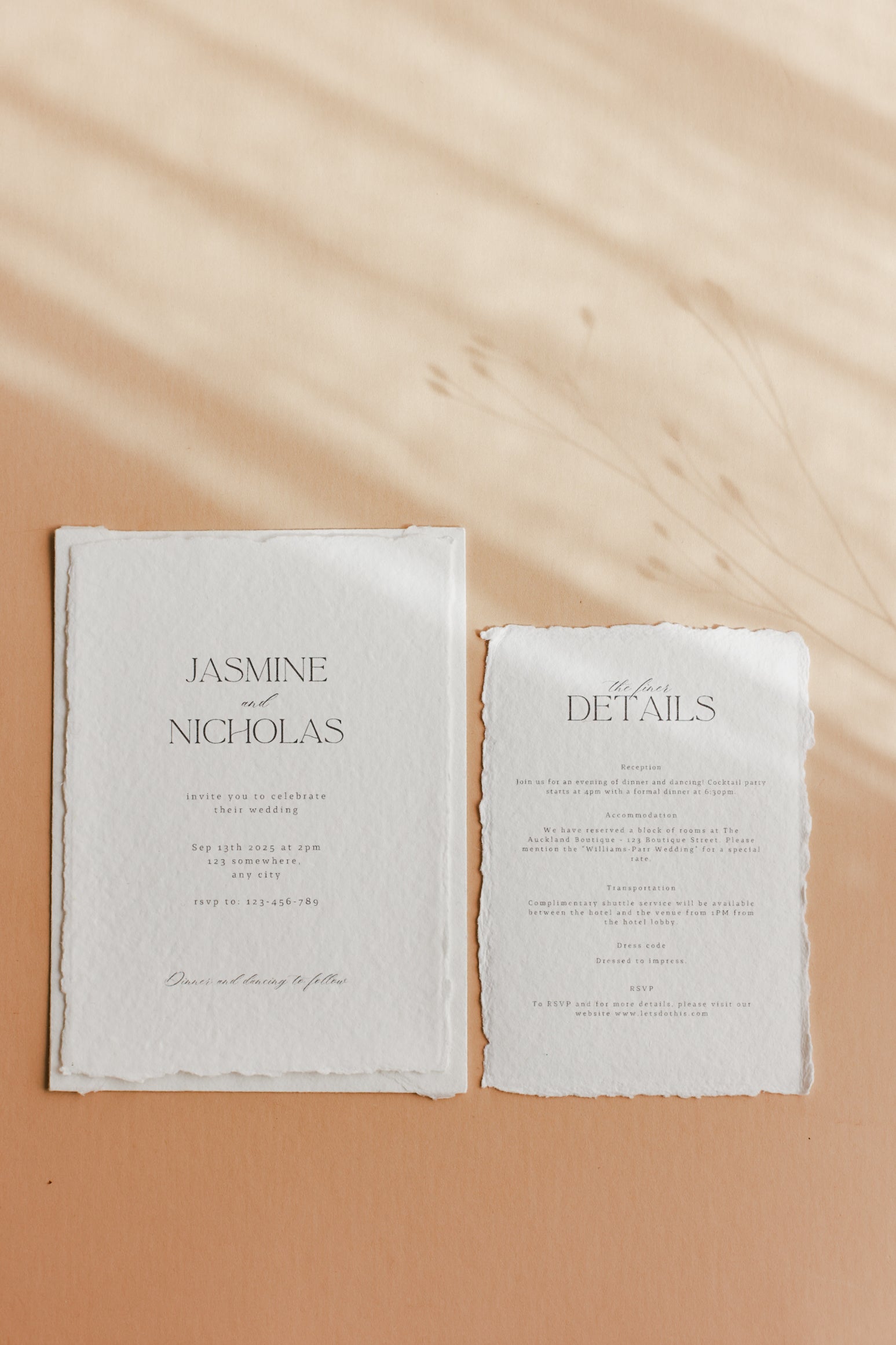 'Jasmine' handmade paper wedding stationery invitation suite