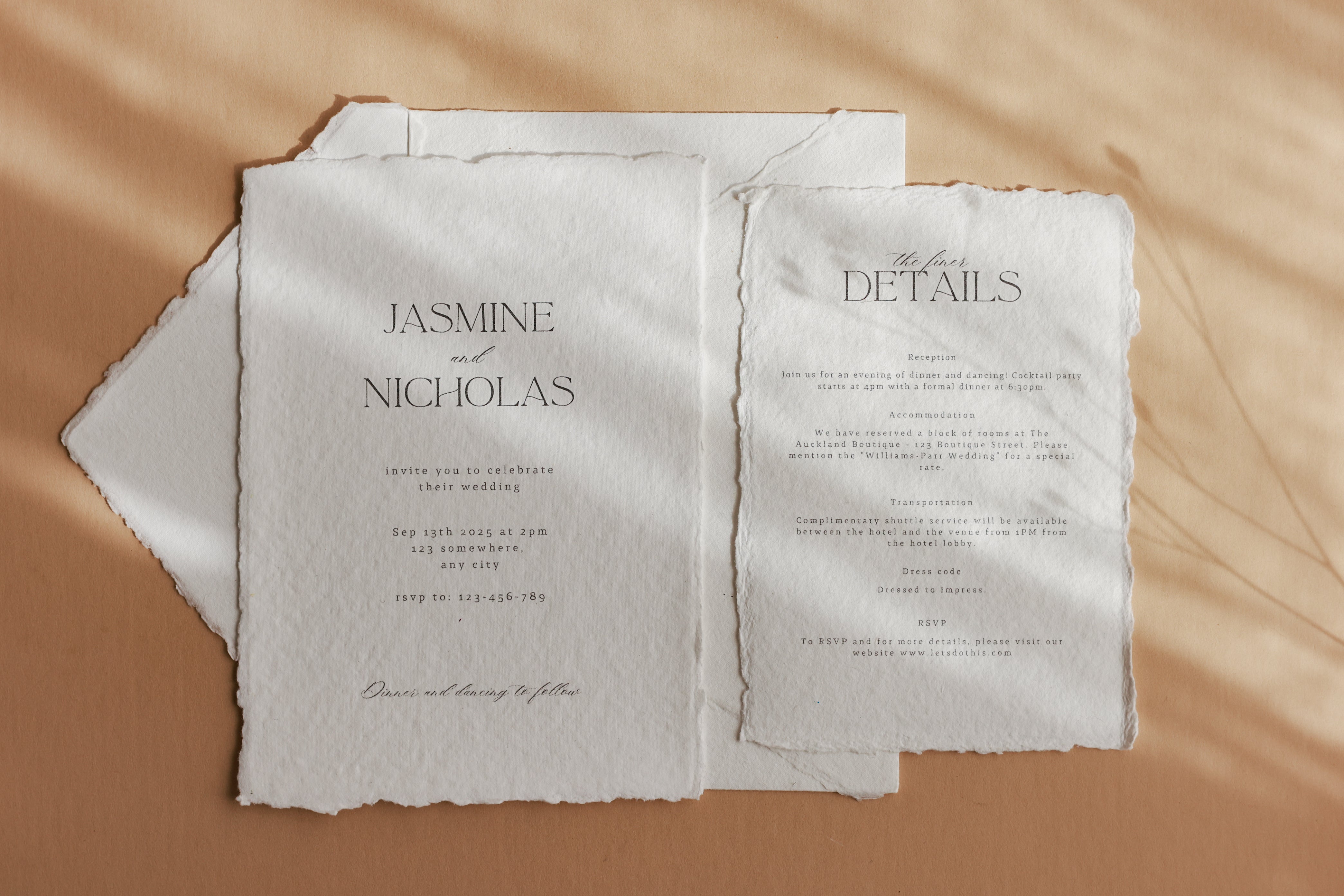 'Jasmine' Handmade Paper And Envelope Wedding Invitation and details card