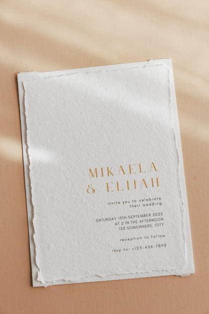 'Mikaela' white cotton rag Handmade Paper Wedding Invitation and envelope