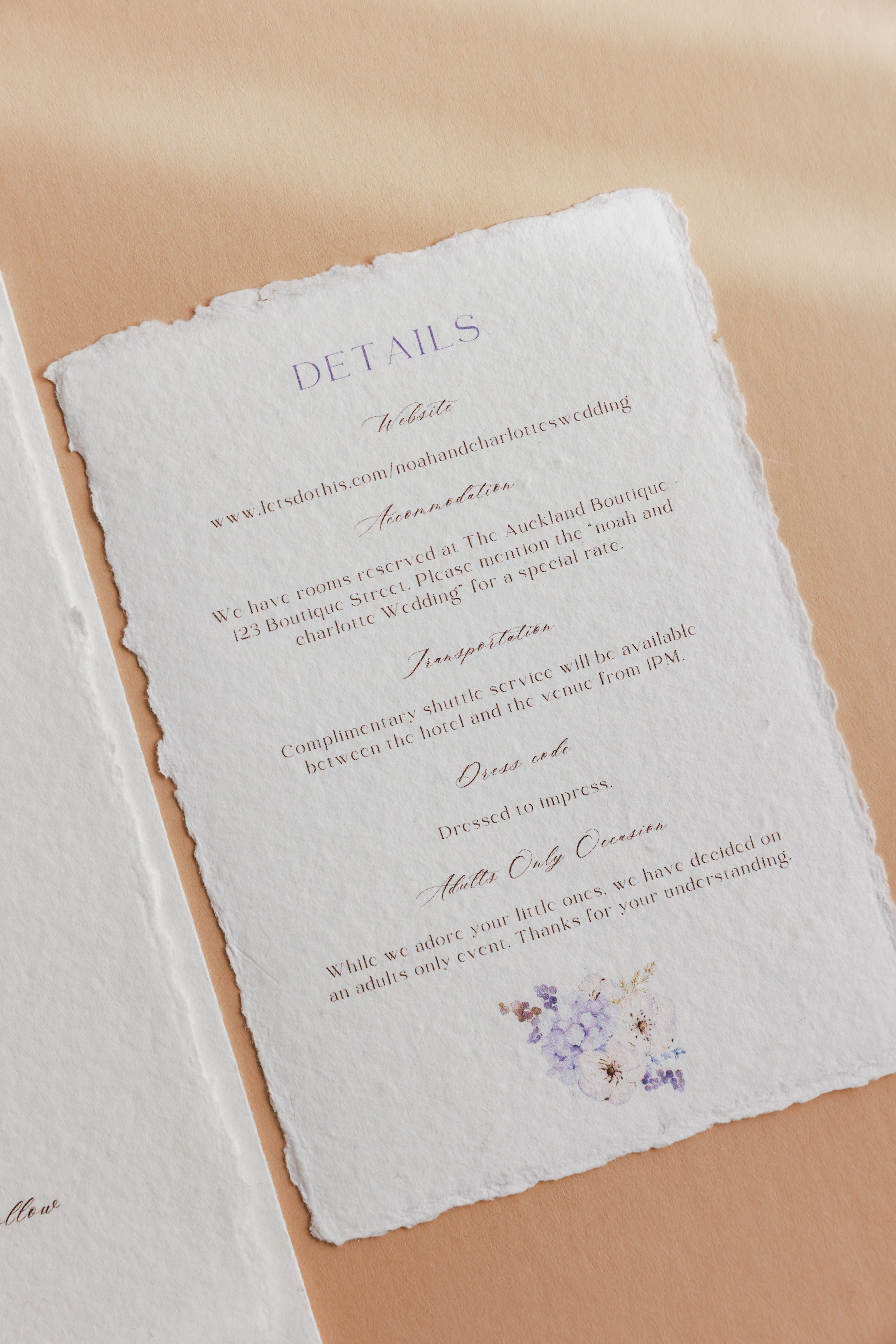 'Charlotte' Wedding Details Card on White cotton rag Handmade Paper 