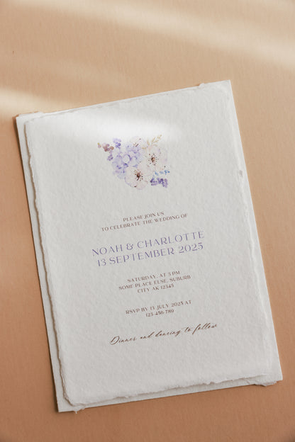 'Charlotte' 5x7 Wedding Invitation on White cotton rag Handmade Paper 