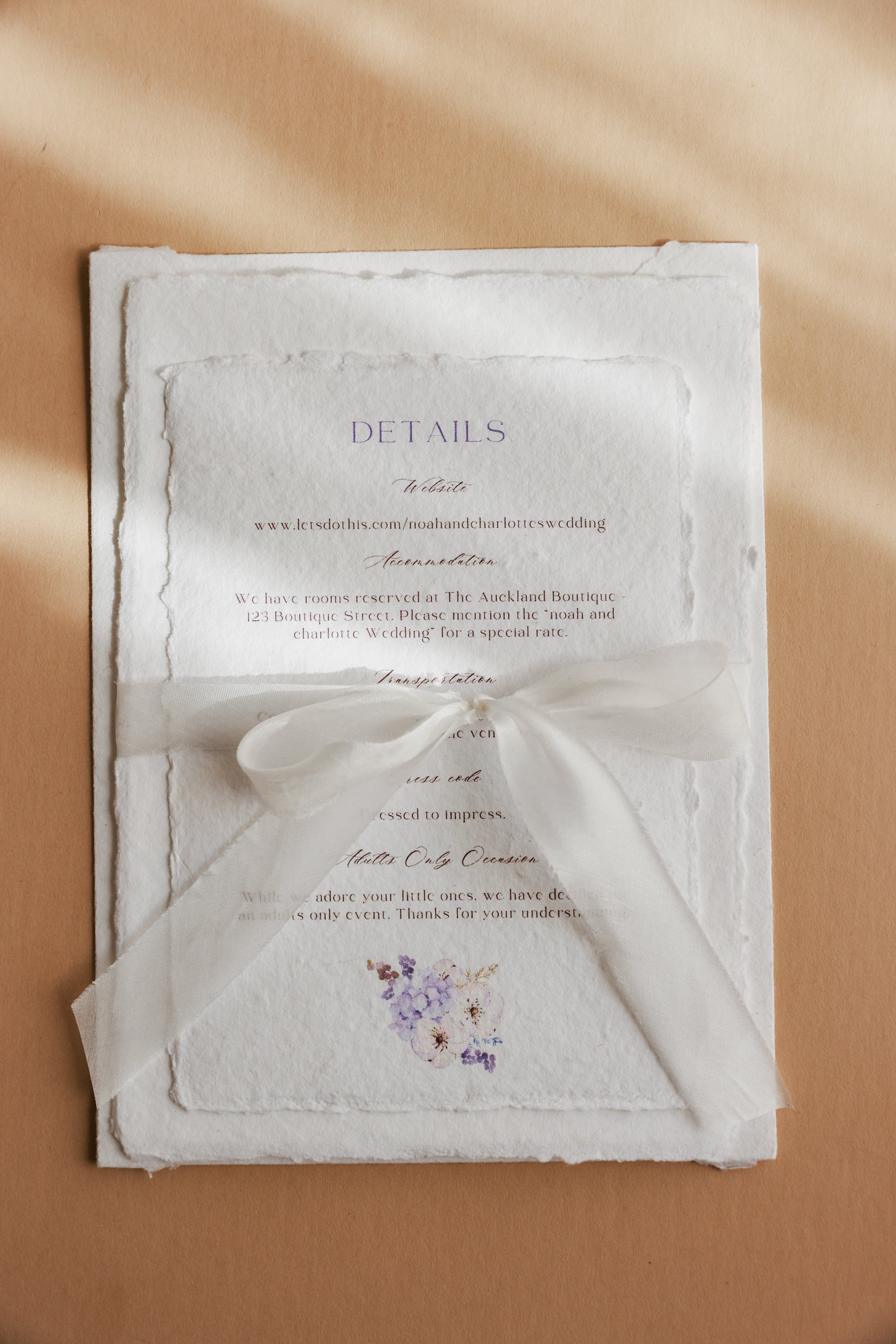 'Charlotte' Wedding Invitation Suite on White cotton rag Handmade Paper with envelope and silk ribbon